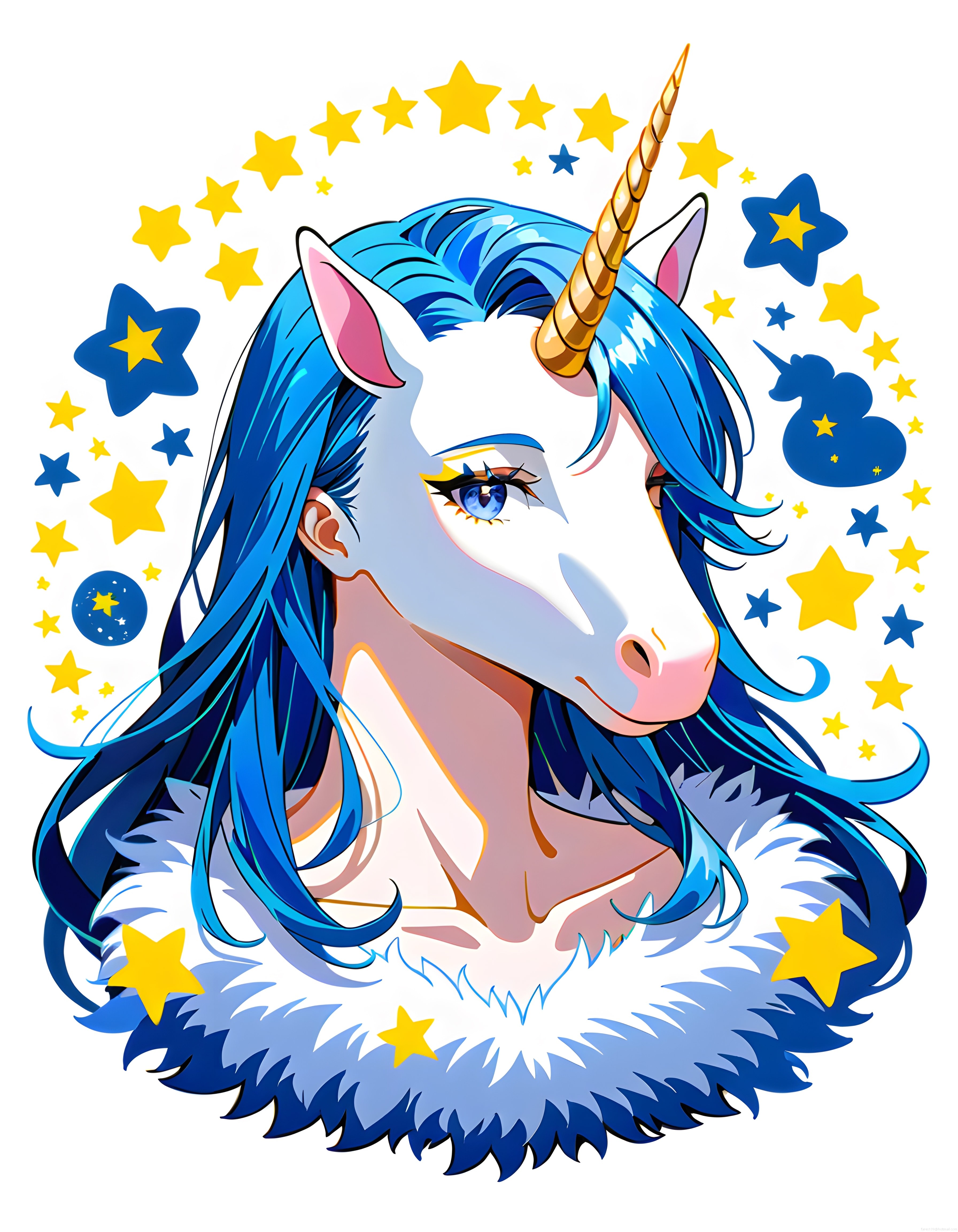 Parıldayan Yıldızlar Arasında Mavi Yeleli Büyülü Unicorn Portresi