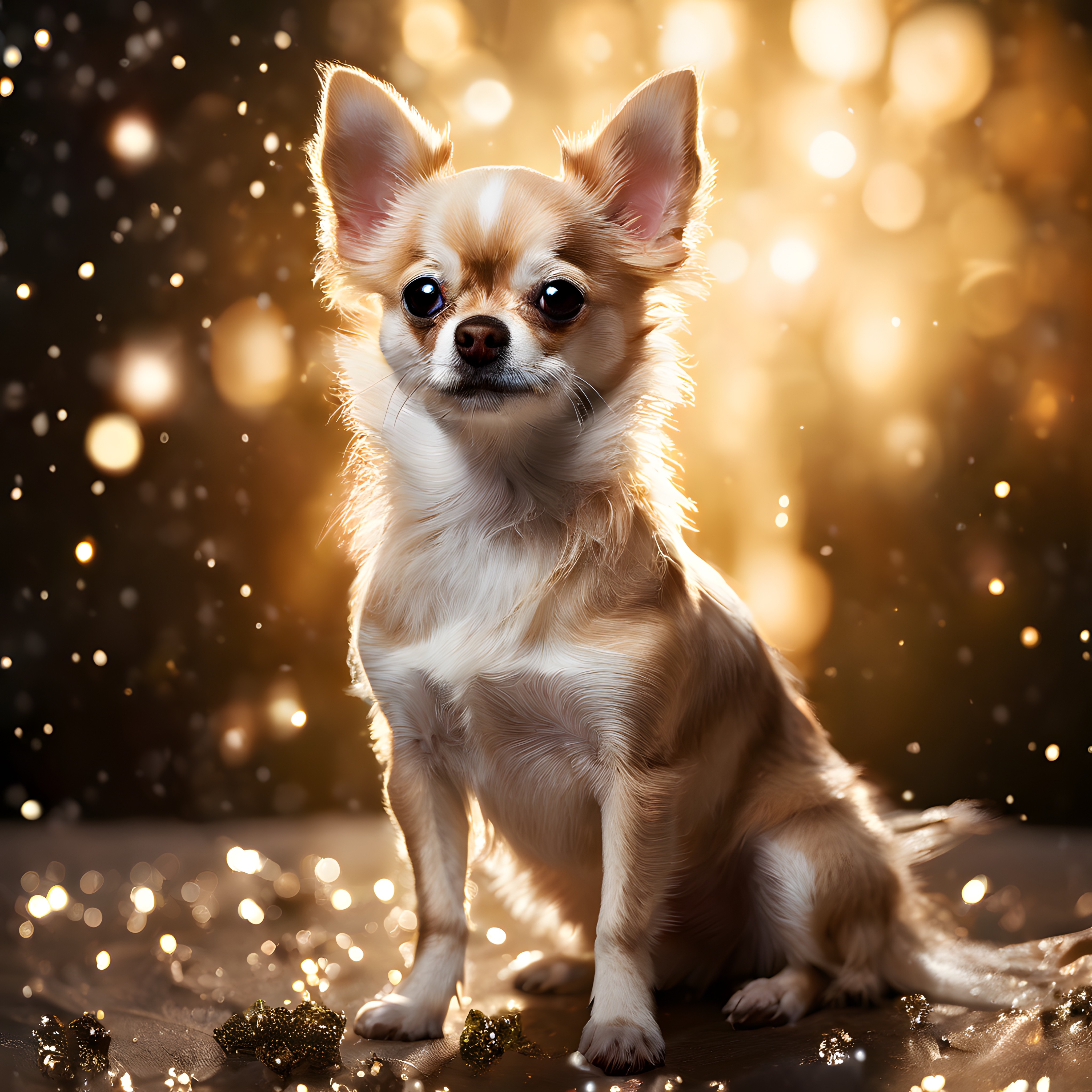 Parıltılı Altın Arka Planda Oturan Uzun Tüylü Sevimli Chihuahua Köpek Portresi