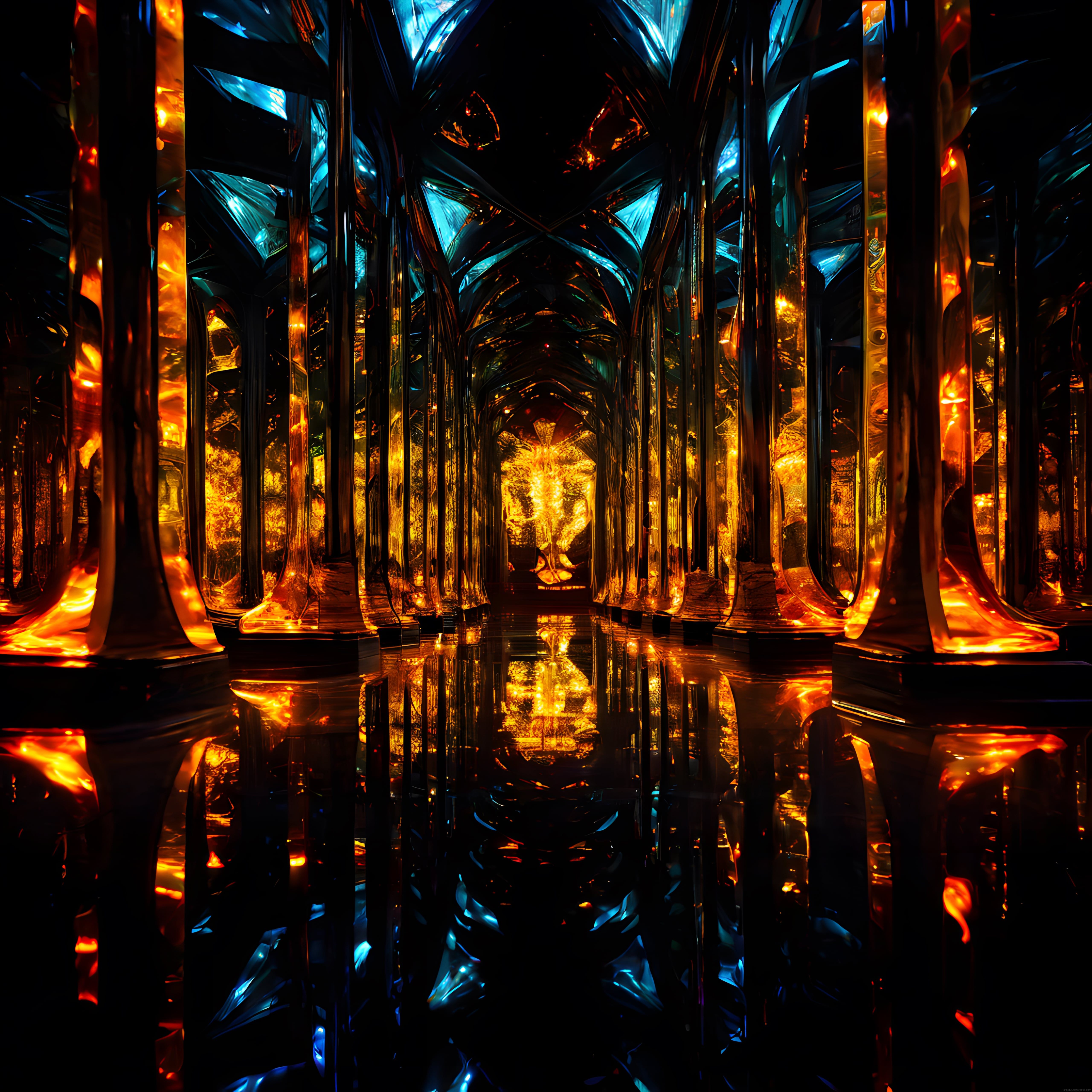Parıltılı Dijital Kristal Katedral İç Mimari ve Ayna Yansıması