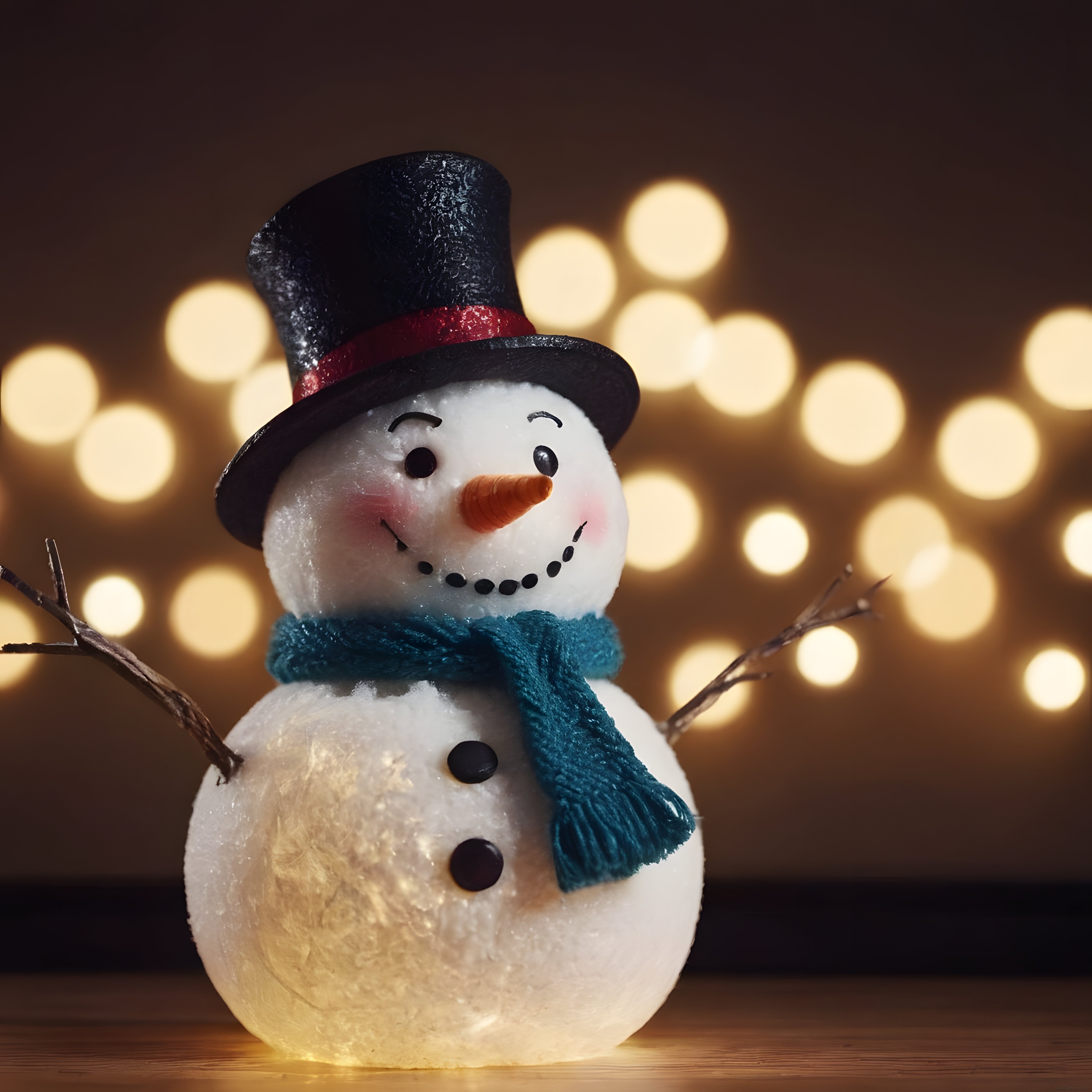 Parıltılı Kardan Adam Süslemesi ve Sıcak Bokeh Işıklı Festif Tatil Arka Planı