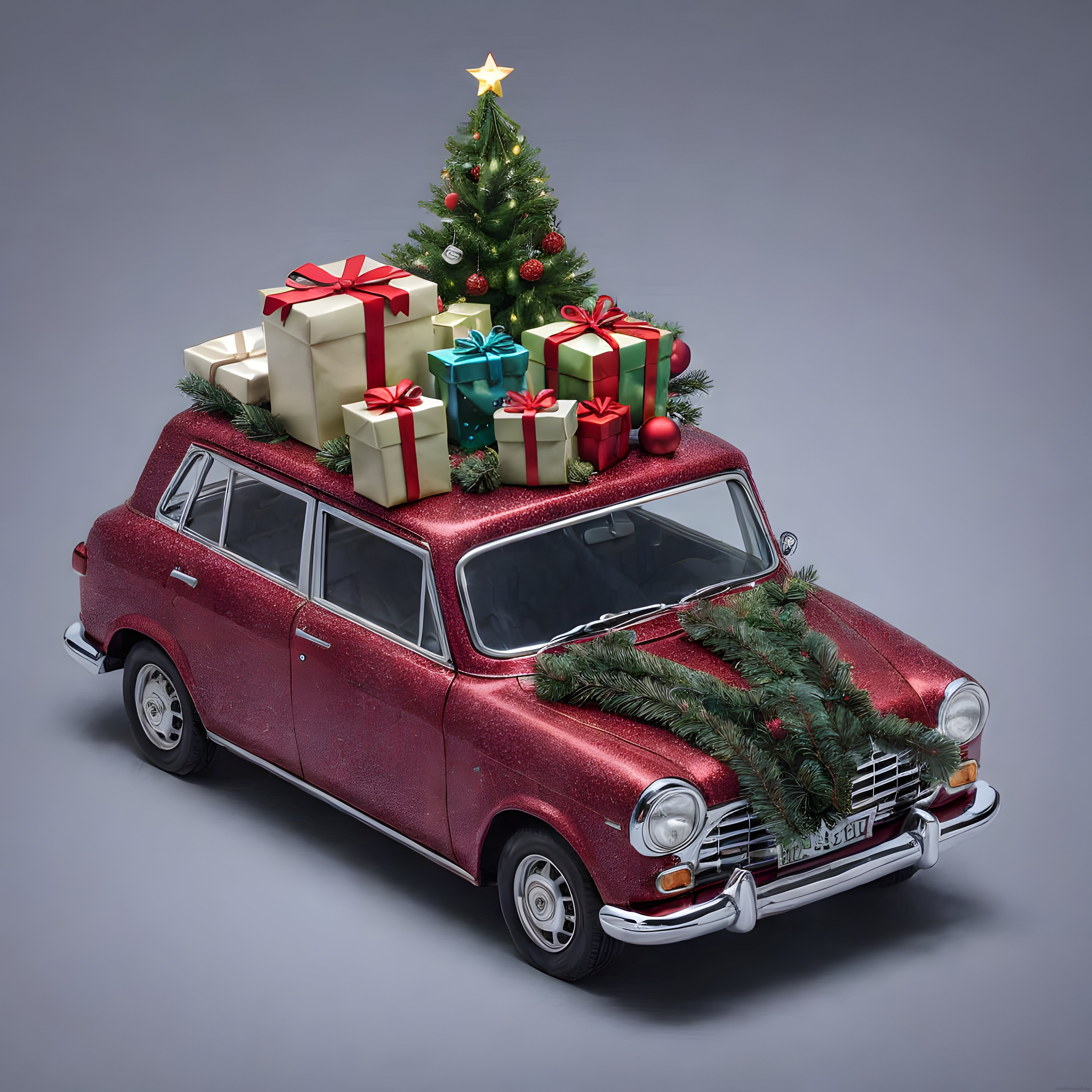 parıltılı kırmızı klasik araba üzerinde süslenmiş noel ağacı ve hediyeler