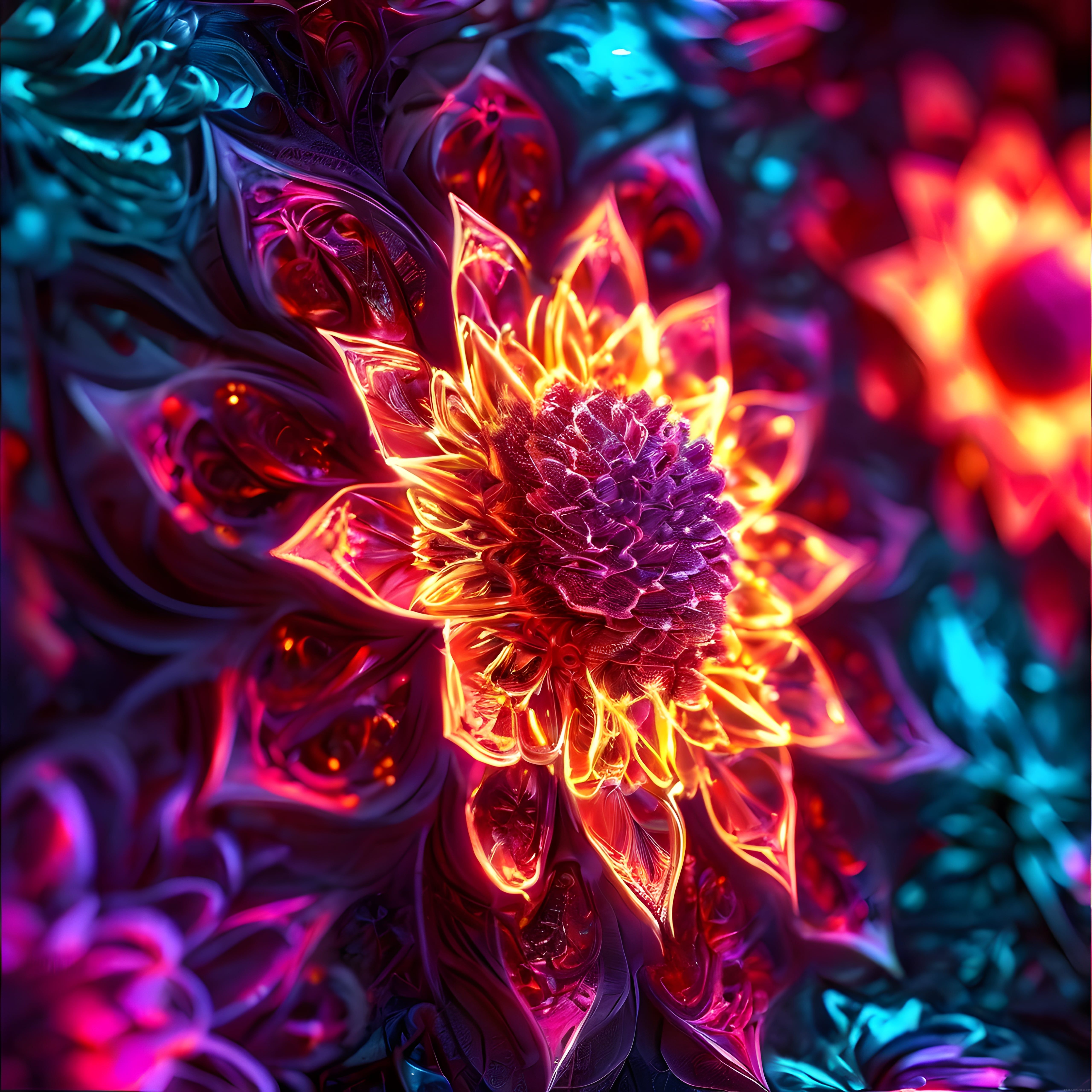 Parıltılı Kristal Çiçek: Neon Işıltılı Dijital Sanat ve 3D Yansımalar