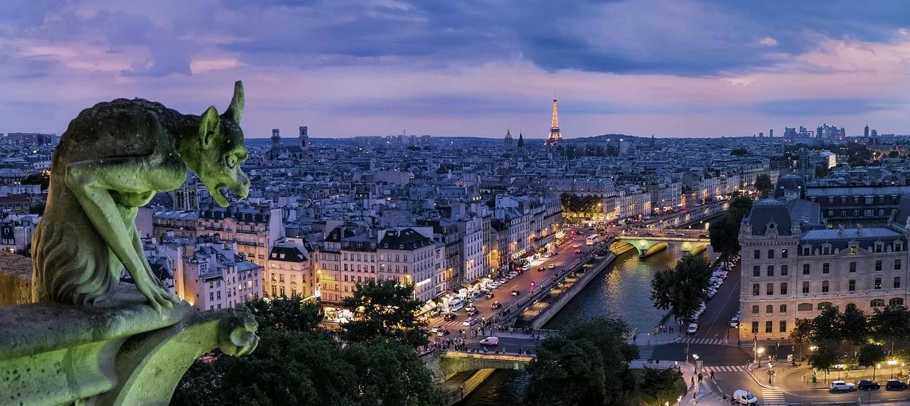 Paris gecesinde gotik gargoyle mimarisi - şehir silueti