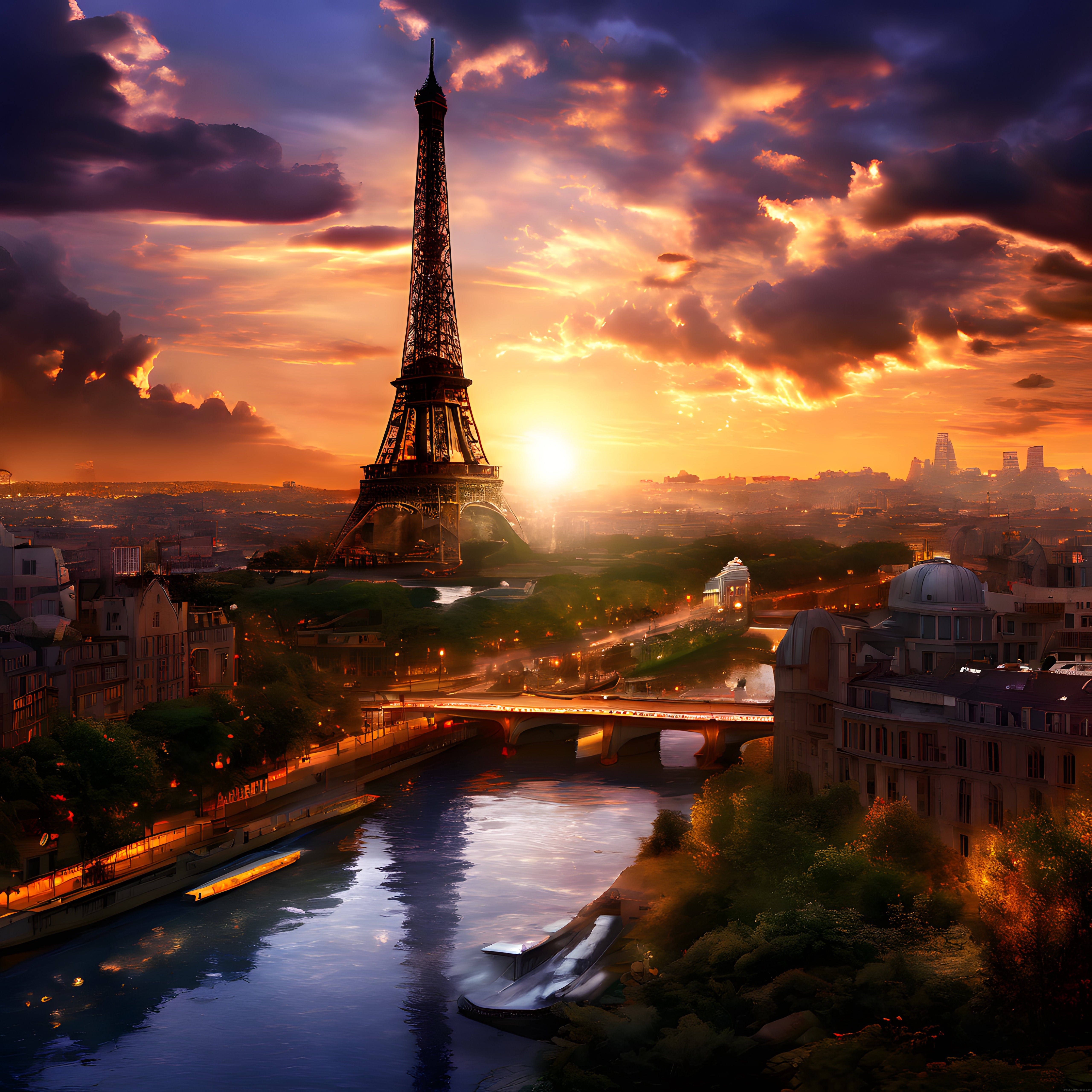 Paris'in Büyüleyici Gün Batımında Işıl Işıl Parlayan Eyfel Kulesi ve Seine Nehri