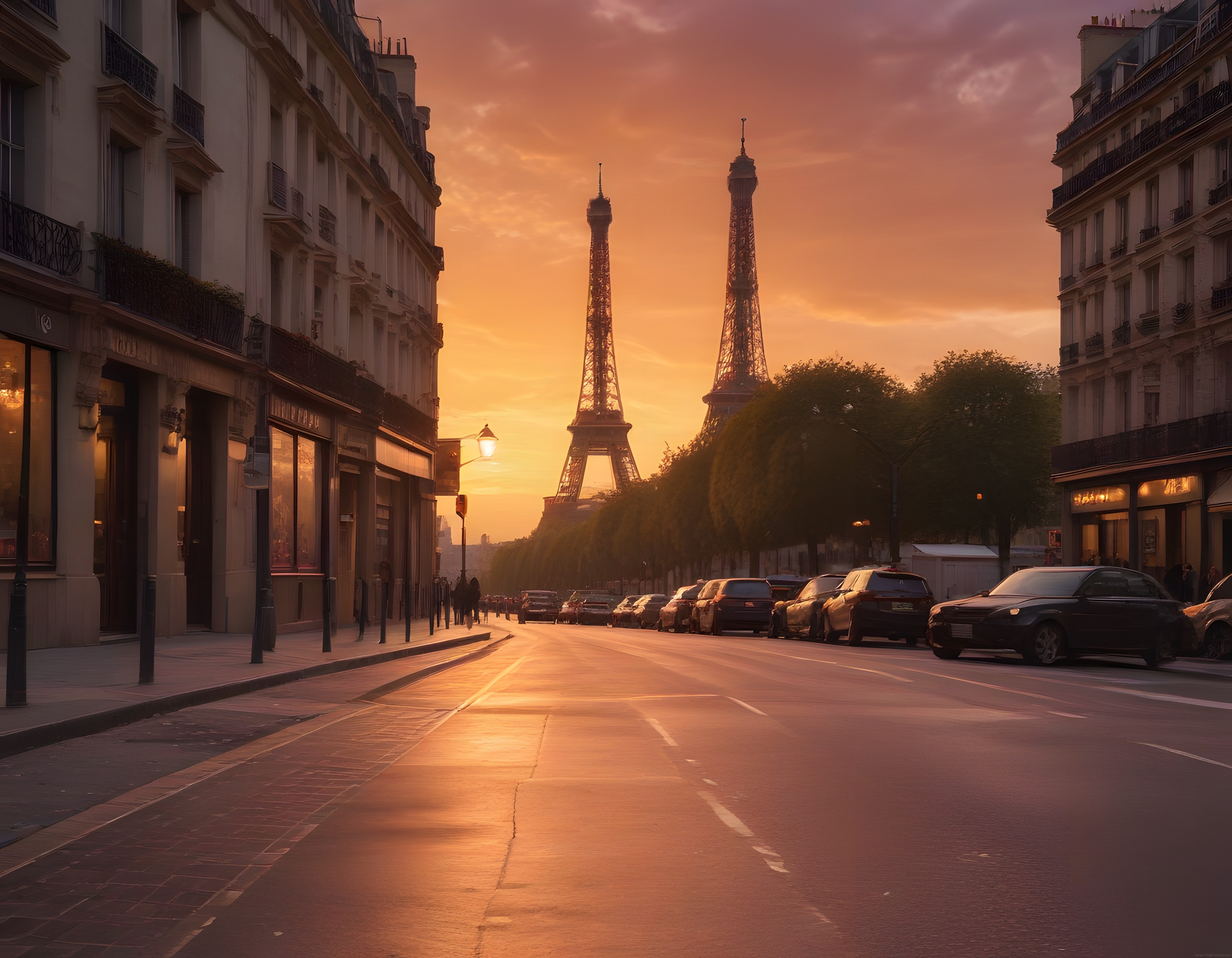 Paris Sokaklarında Eiffel Kulesi ile Romantik Gün Batımı Manzarası