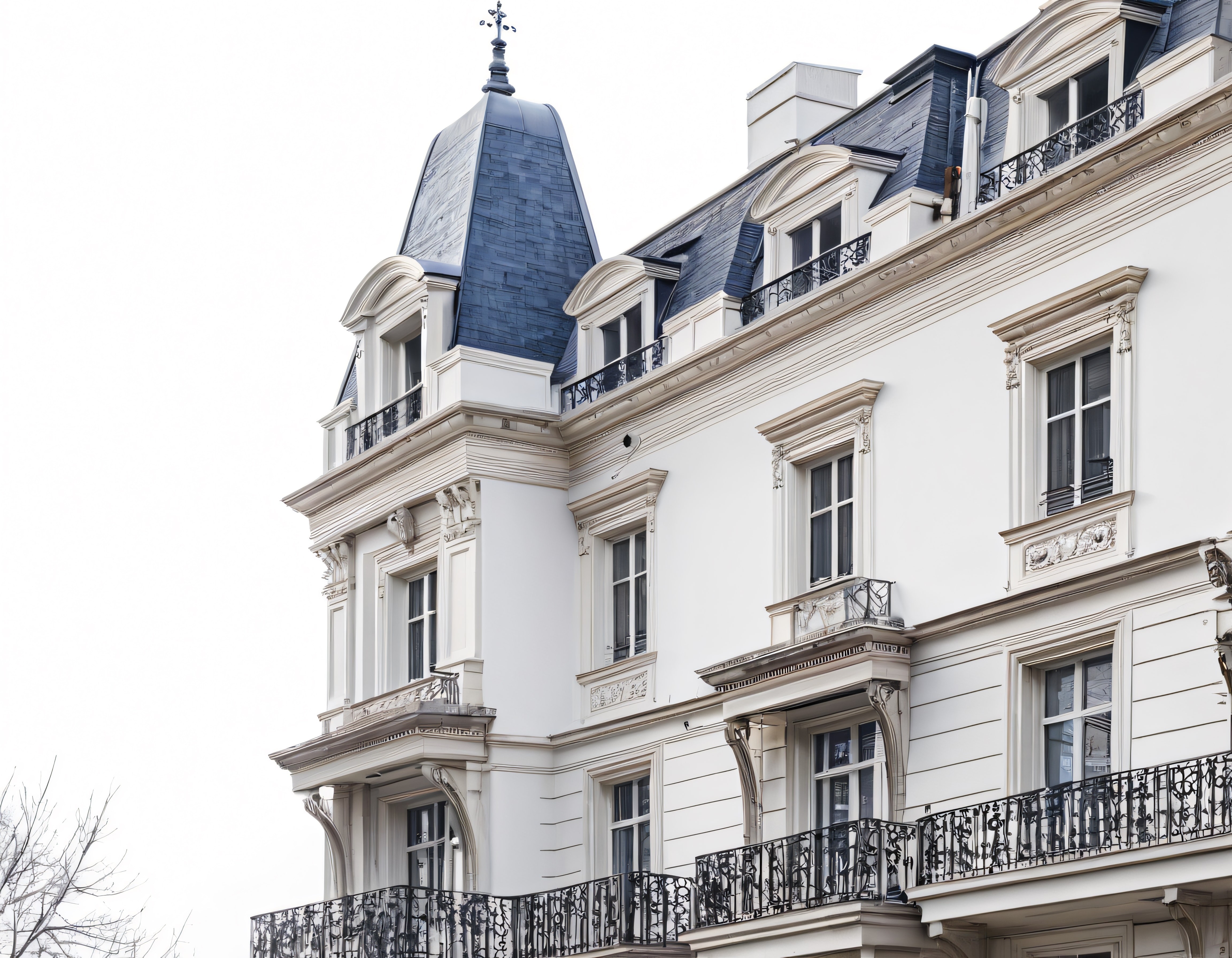 Paris Tarzı Beyaz Bina Cephesi ve Gri Çatılı Tarihi Yapının Mimari Detayları