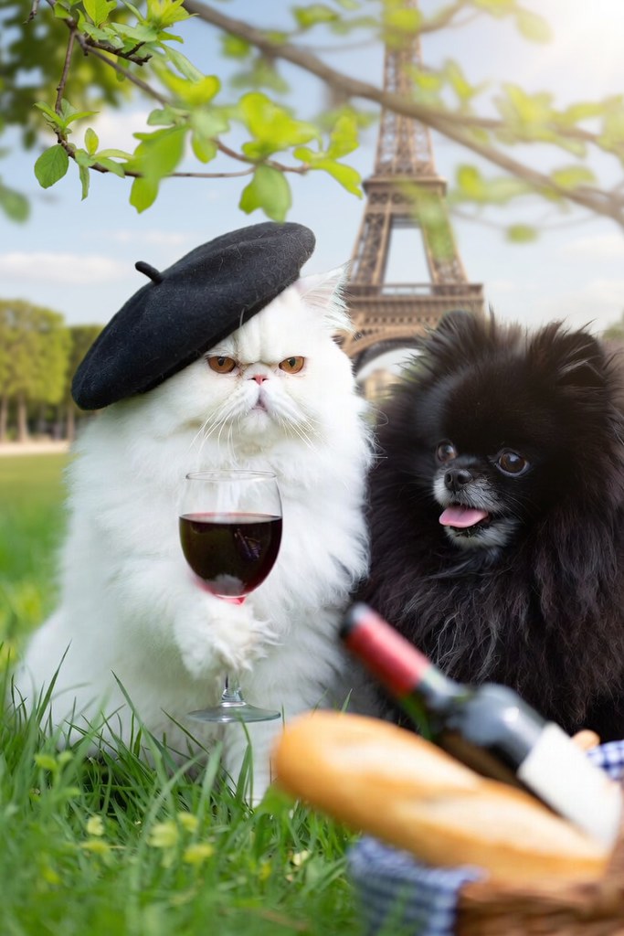 Paris'te Piknik Yapan Bere Takmış Kedi ve Köpeğin Komik Görüntüsü