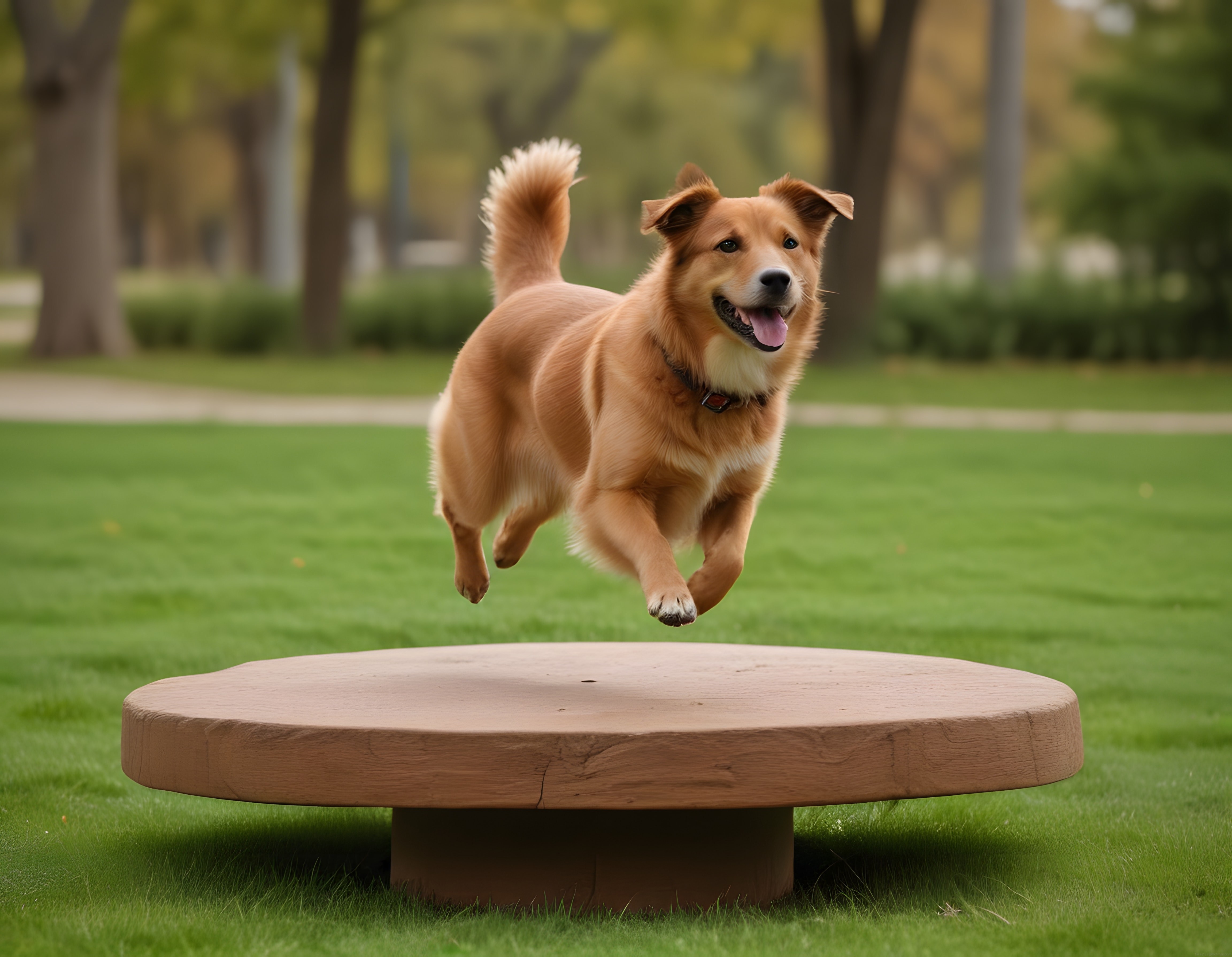 Parkta Ahşap Platformun Üzerinden Atlayan Mutlu Kahverengi Köpek Portresi