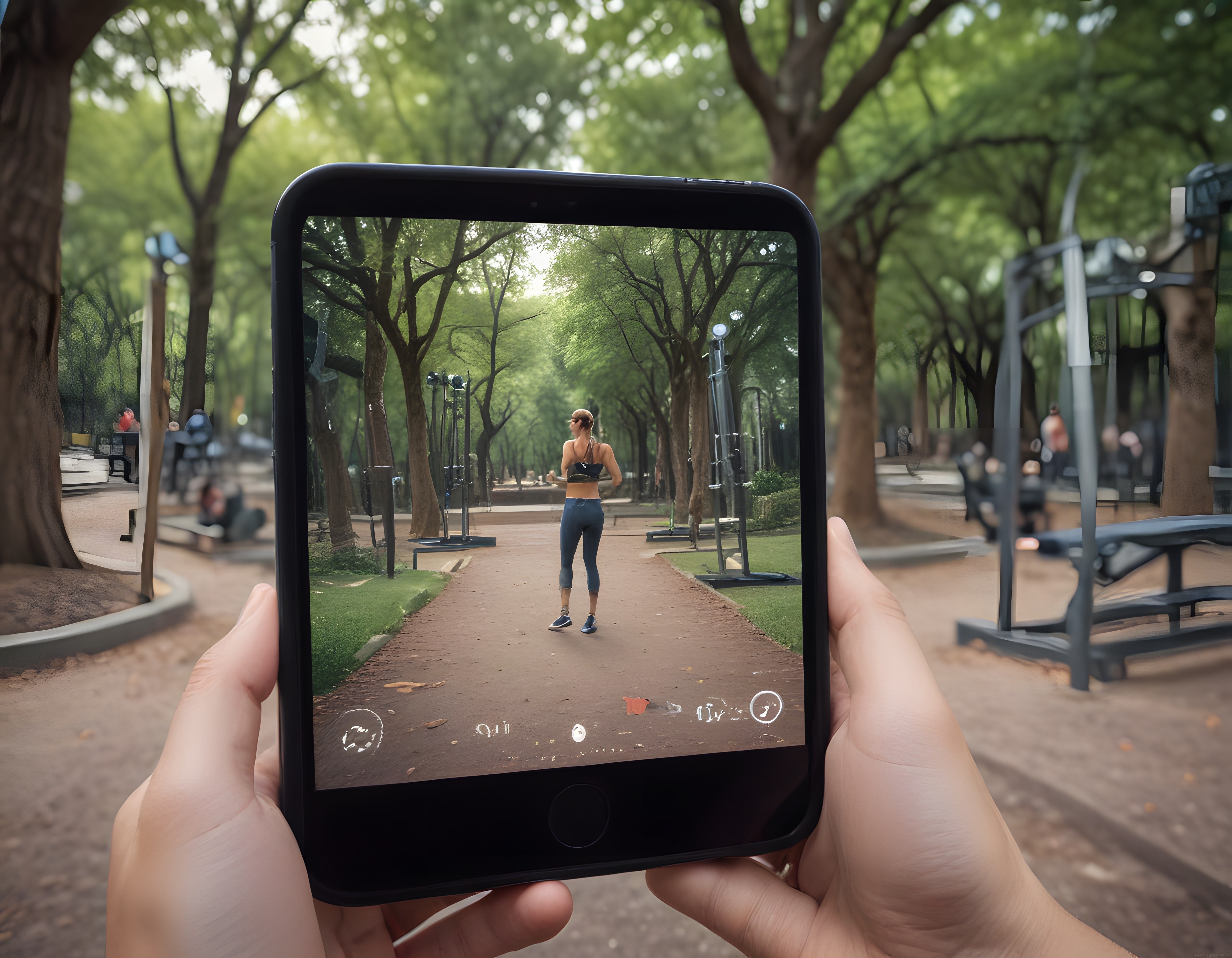 Parktaki açık hava spor salonunda koşu yapan kadını telefonla kaydeden an