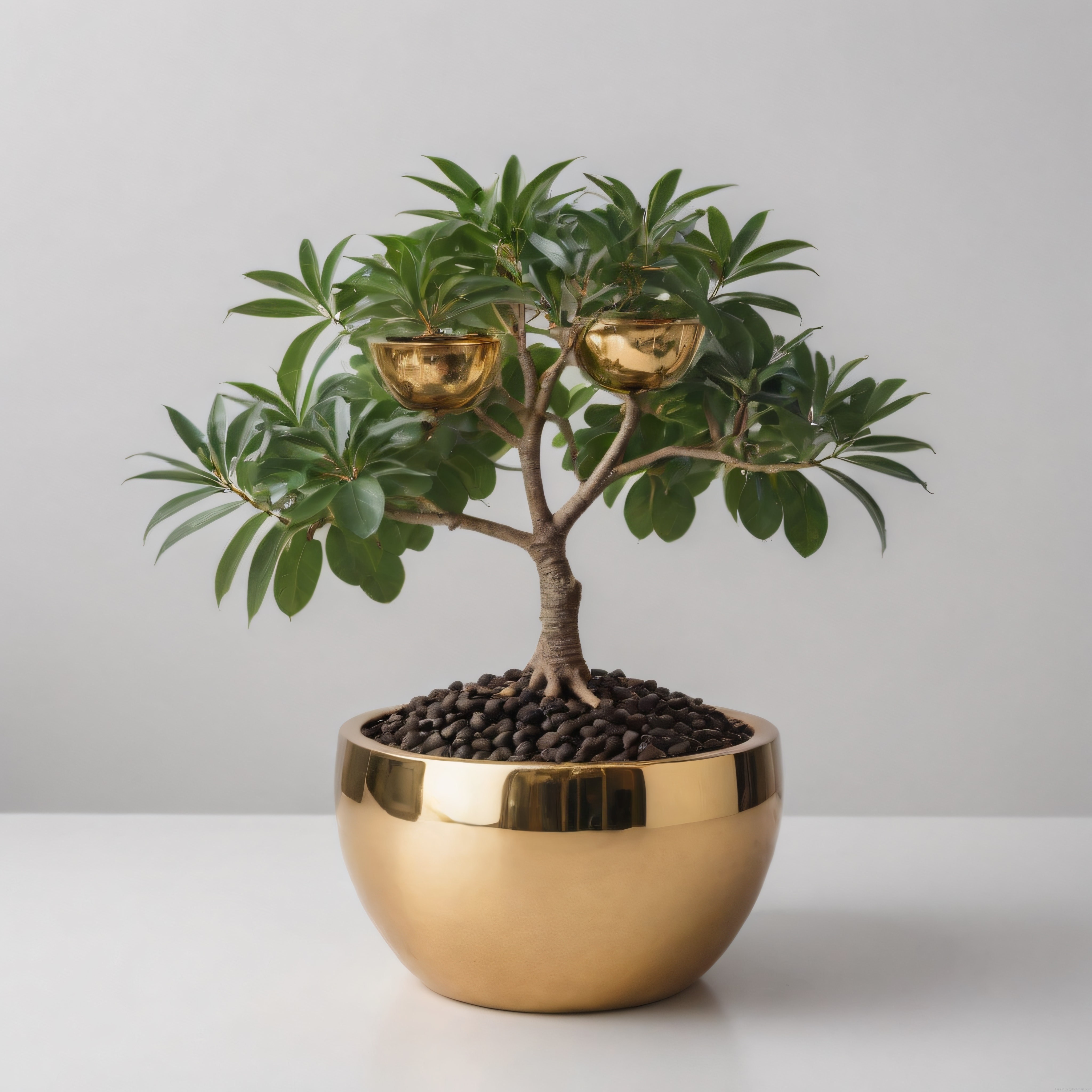 Parlak Altın Saksıda Estetik Bonsai ve Tropikal Yapraklı Bitki