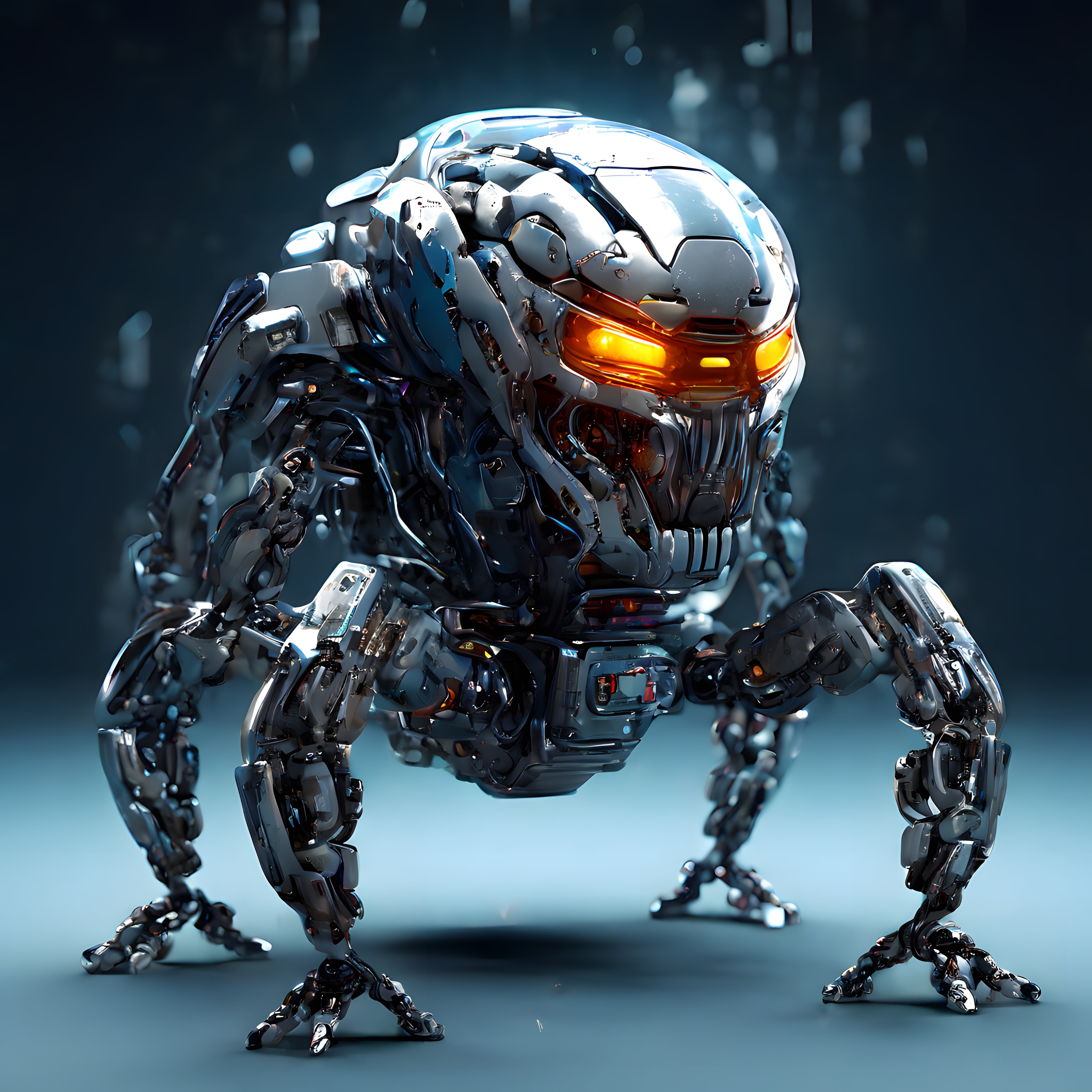 Parlak Amber Gözleriyle Metalik Dev Örümcek Robot: Geleceğin Mekanik Savaşçısı