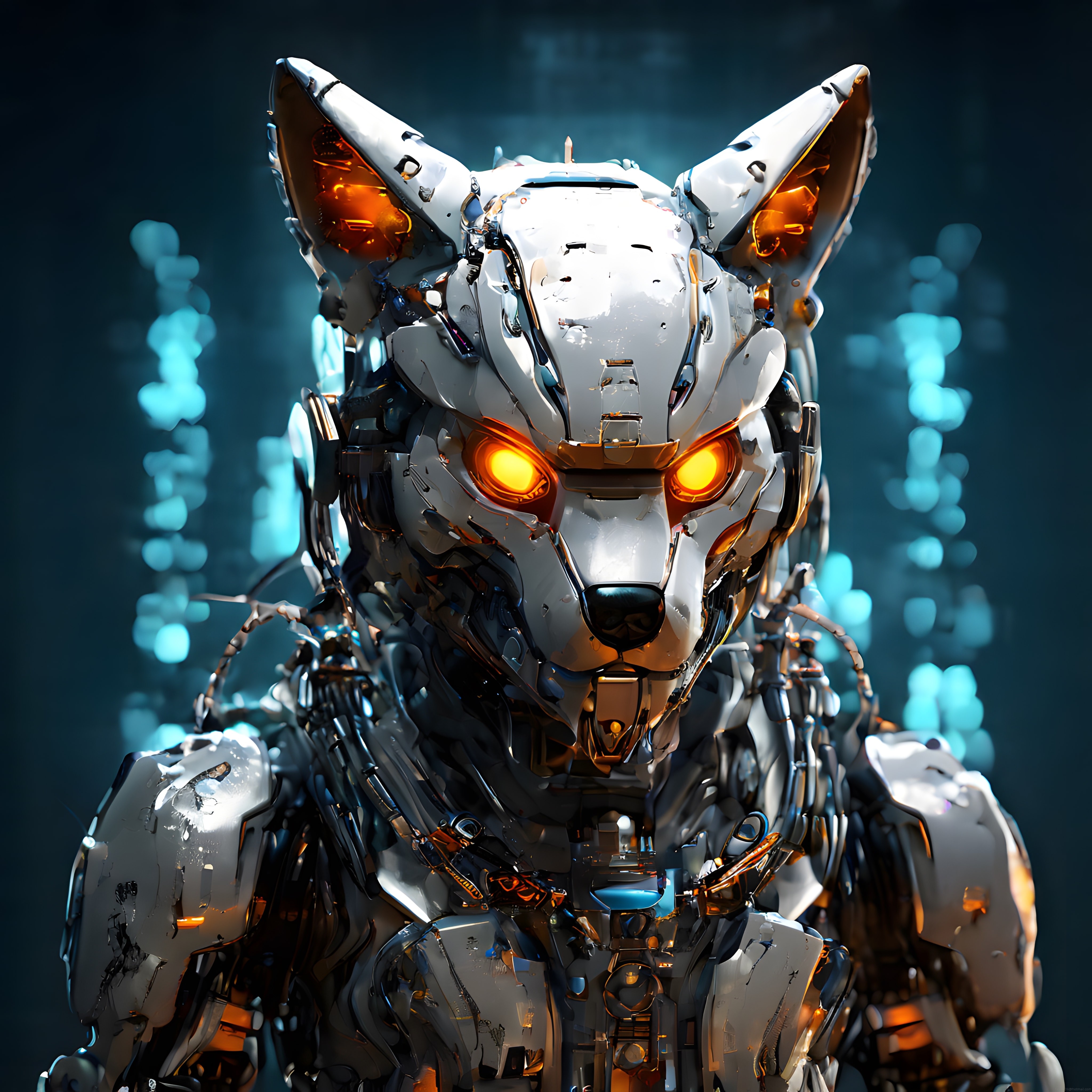 Parlak amber gözlü mekanik kurt robot portresi: cyberpunk dijital sanat eseri