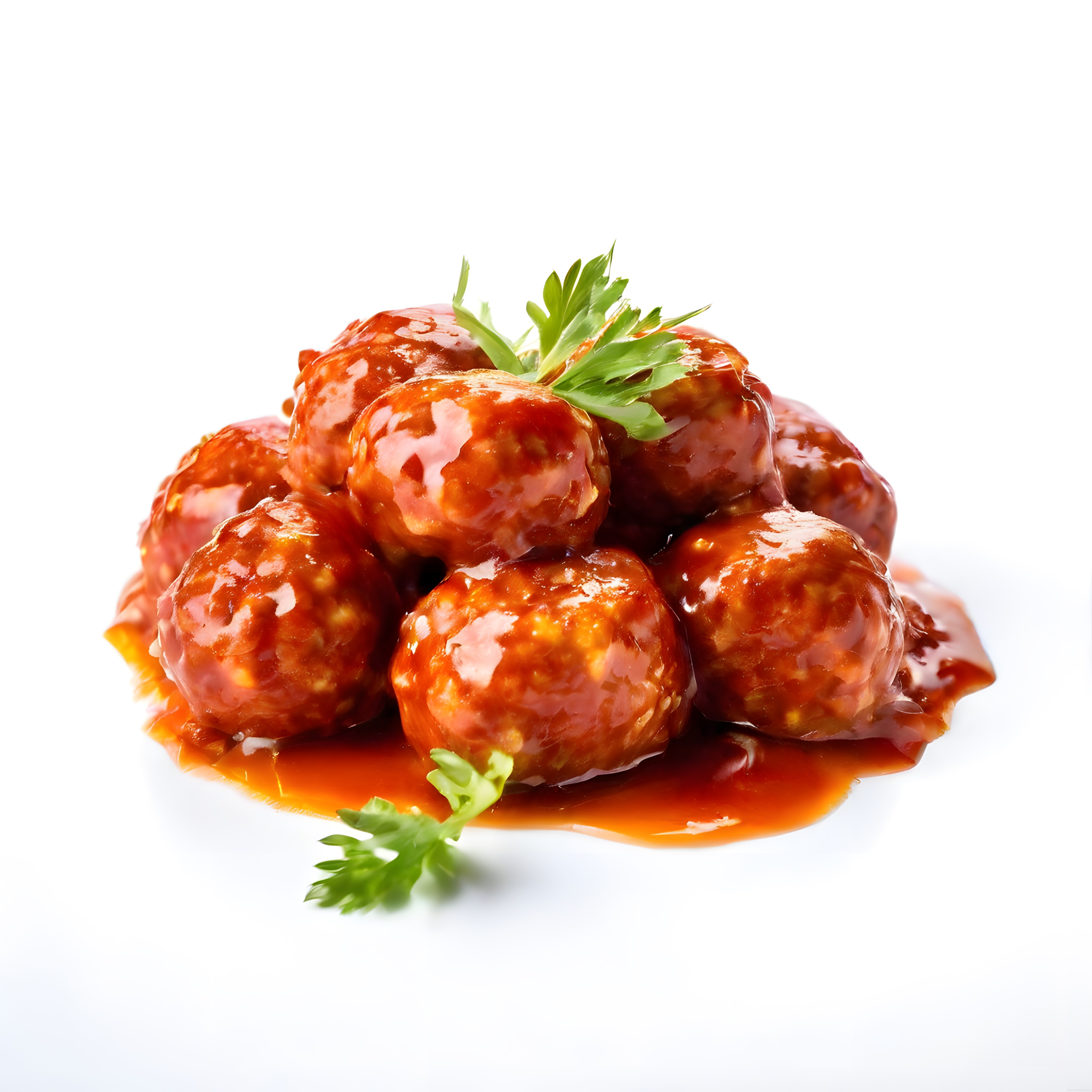 Parlak barbekü soslu köfte tabağı taze maydanoz süslemesiyle servis hazır
