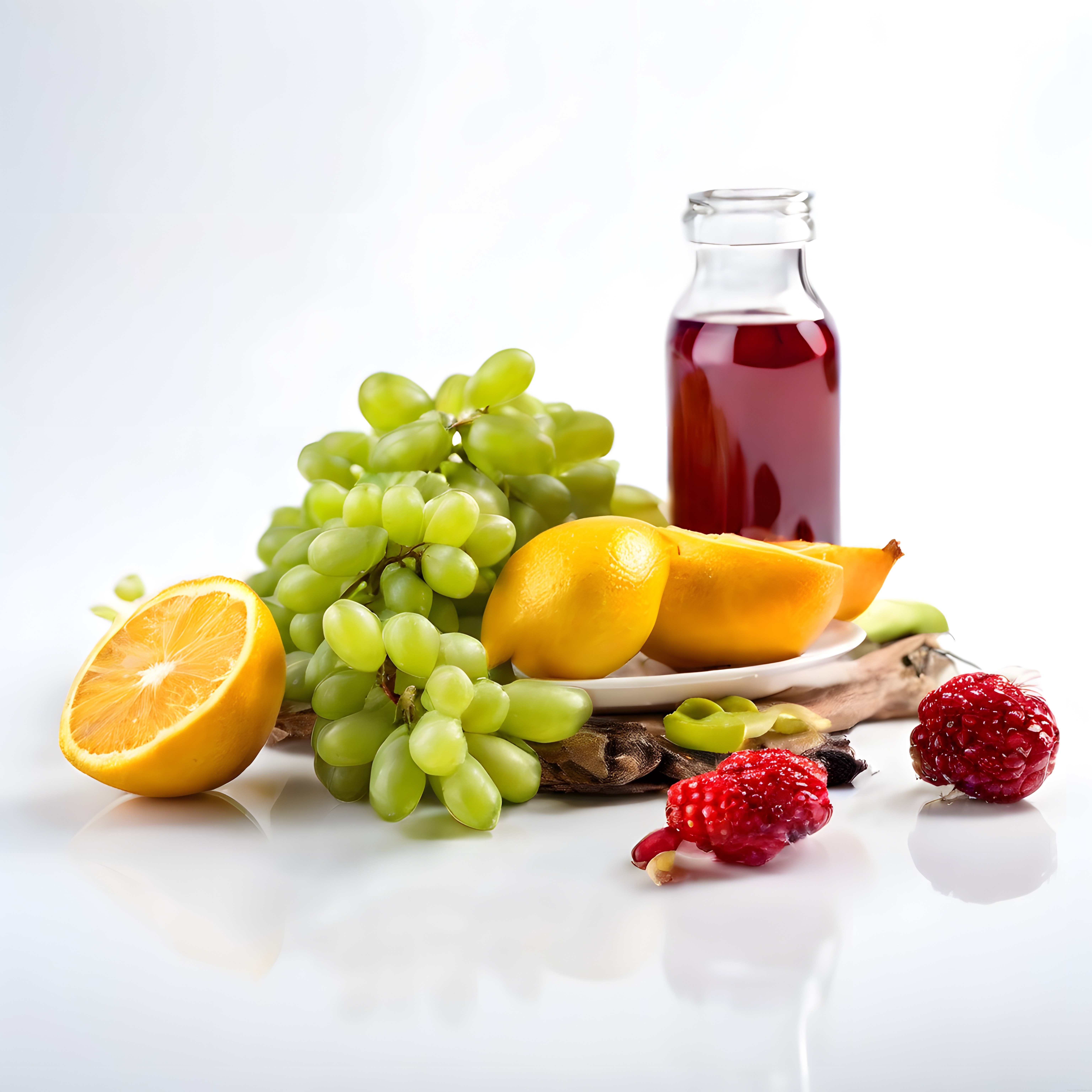 Parlak Beyaz Zeminde Doğal Meyve Suyu ve Taze Vitaminli Renkli Meyveler