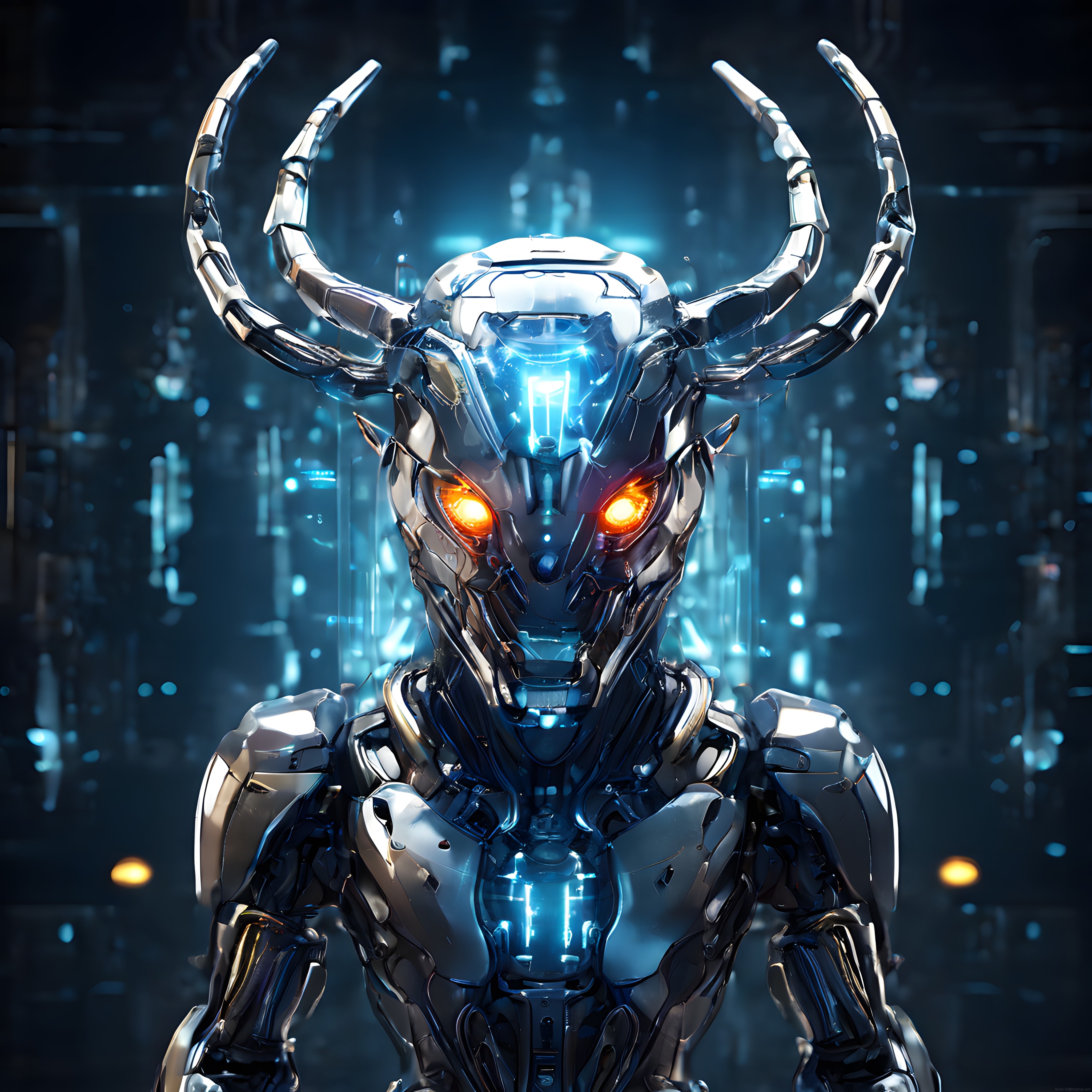 Parlak Boynuzlu Metal Robot: Fütüristik Geyik Zırhı ve Turuncu Gözler