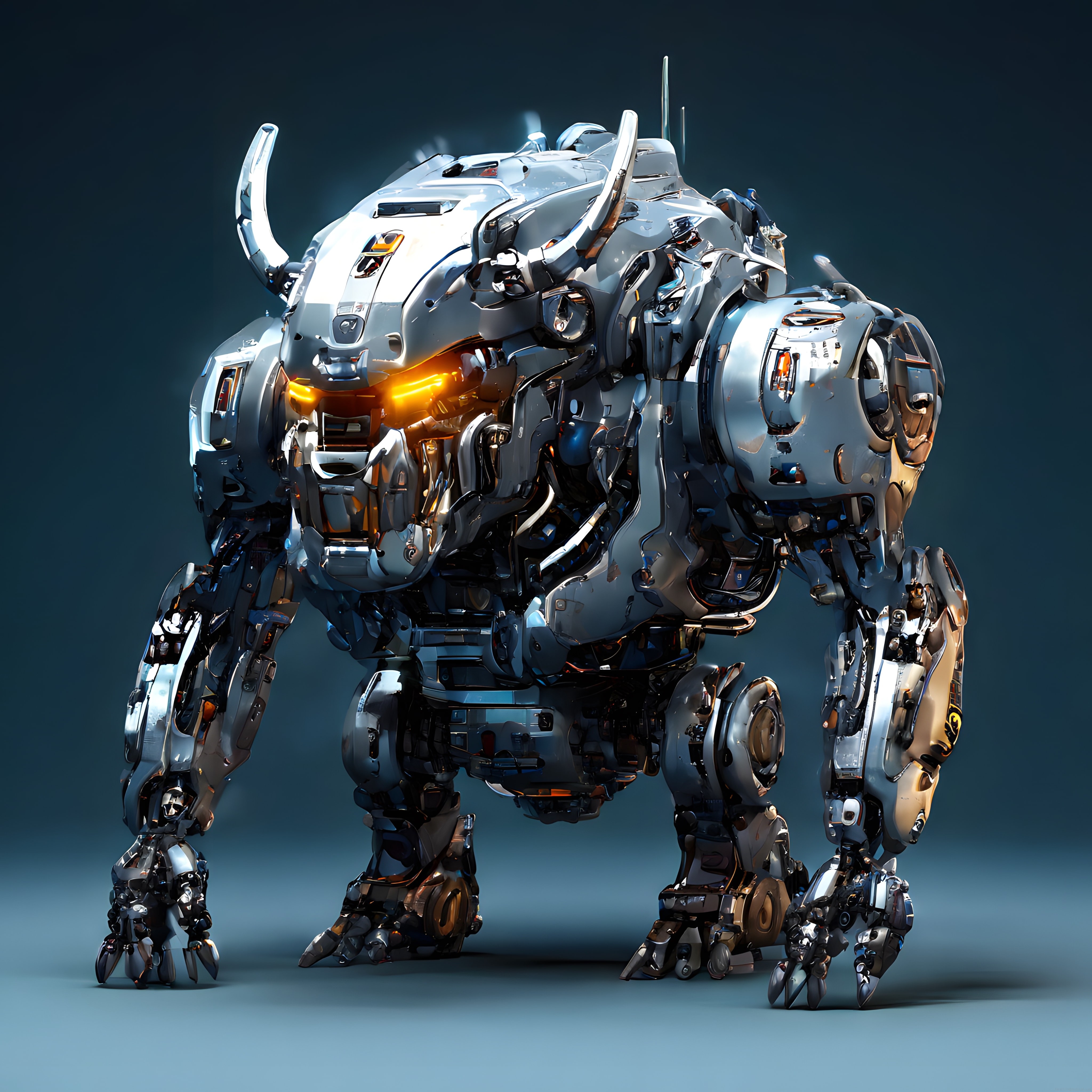 Parlak Çelik Zırhlı Boğa Başlı Dev Mech Robot Dijital İllüstrasyonu