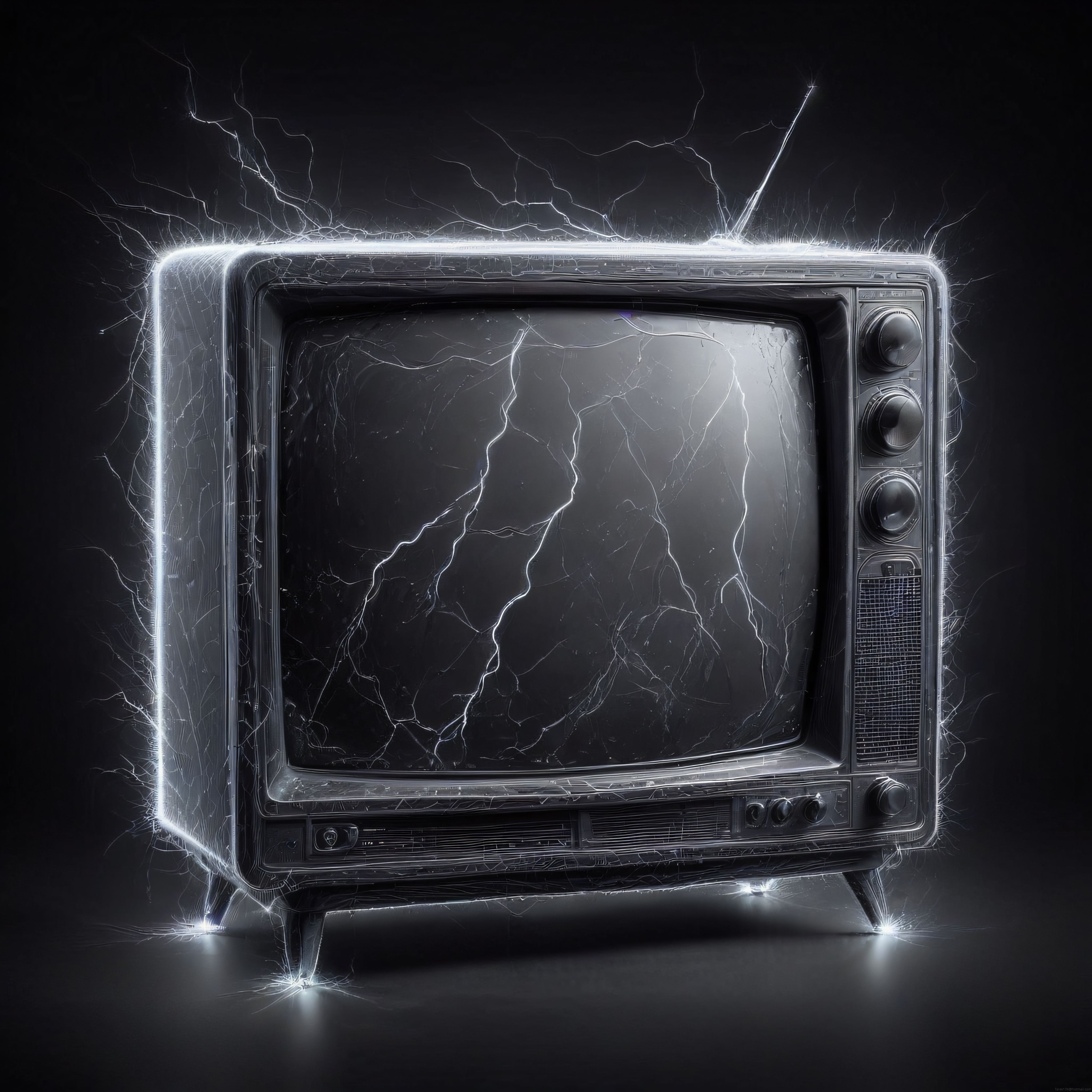 parlak elektrik arkalarıyla çevrili eski model koyu tonlu televizyon