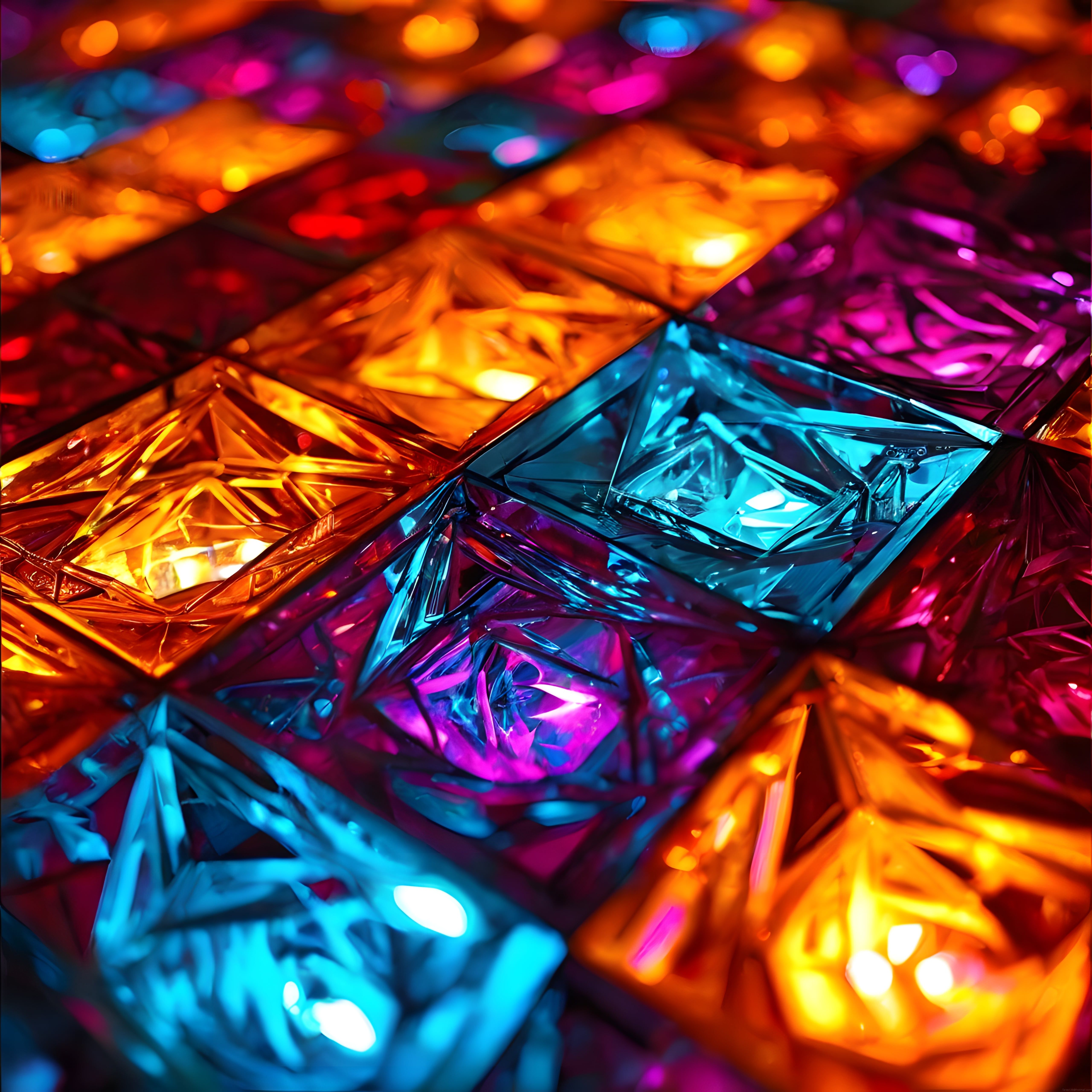 Parlak Geometrik Kristal Yüzeyler ve Neon Işıltılı Soyut Desen