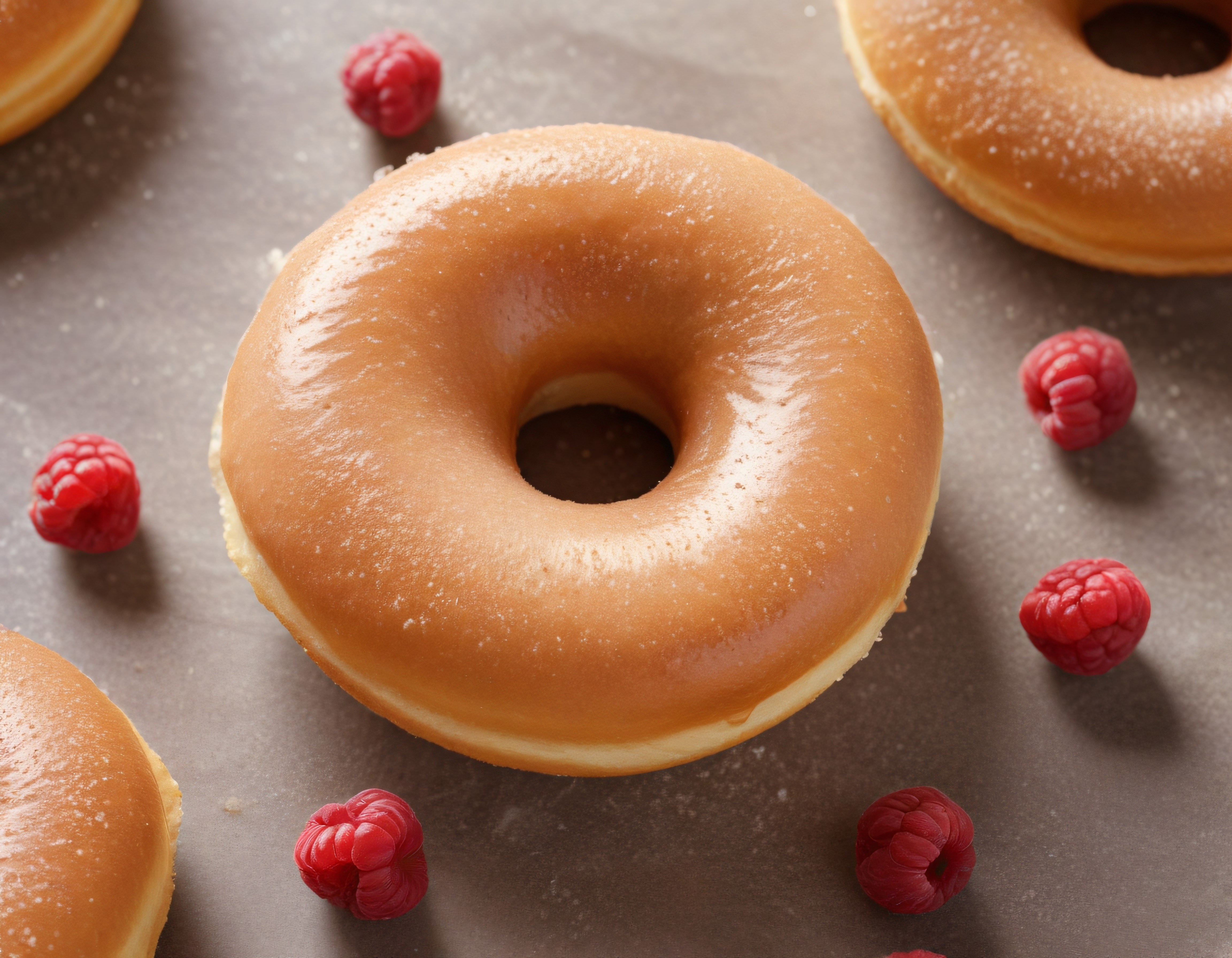 Parlak glazürlü donut ve çevresindeki ahududularla tatlı bir sunum