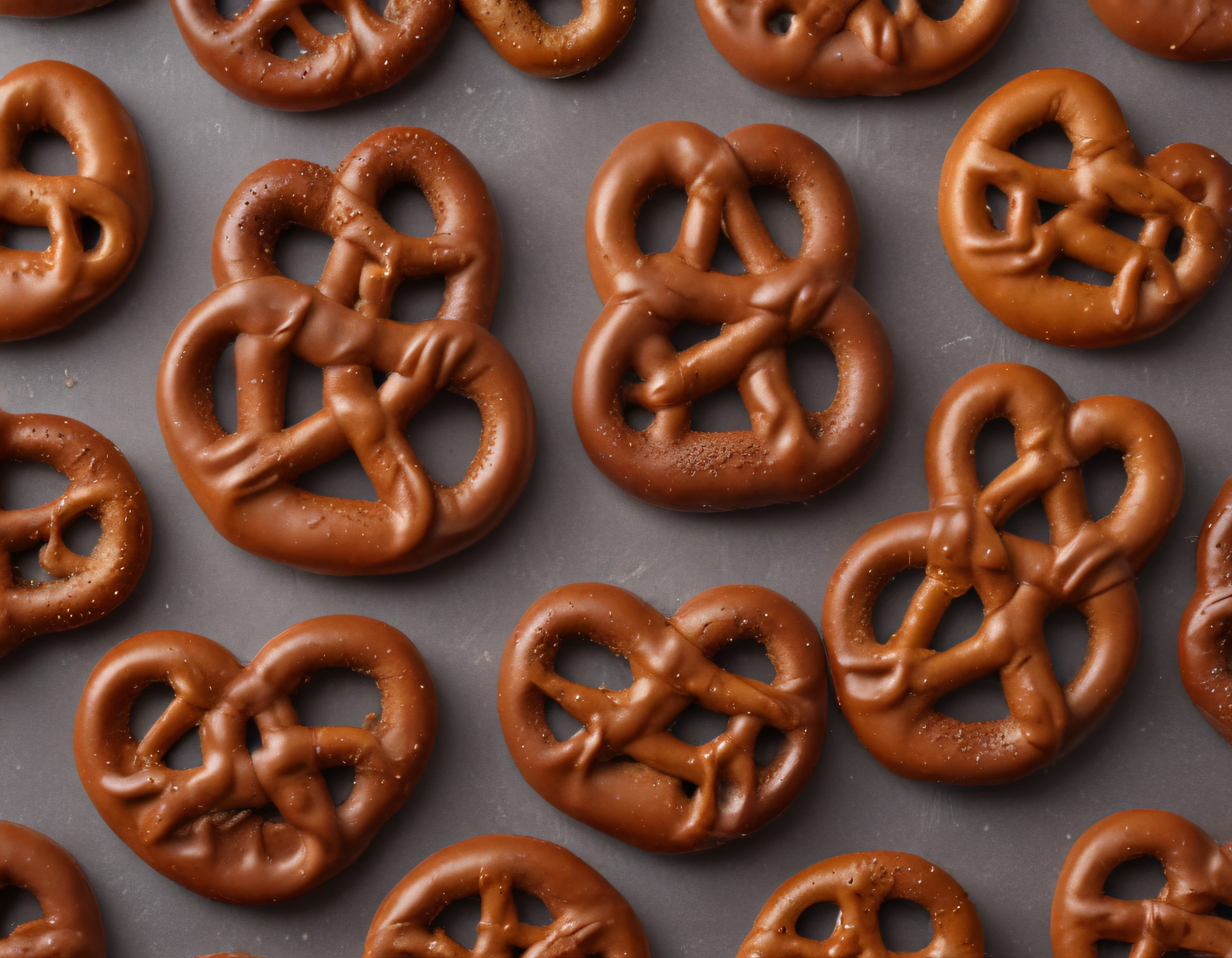 Parlak kahverengi kaplamalı mini pretzeller gri zeminde yan yana dizili