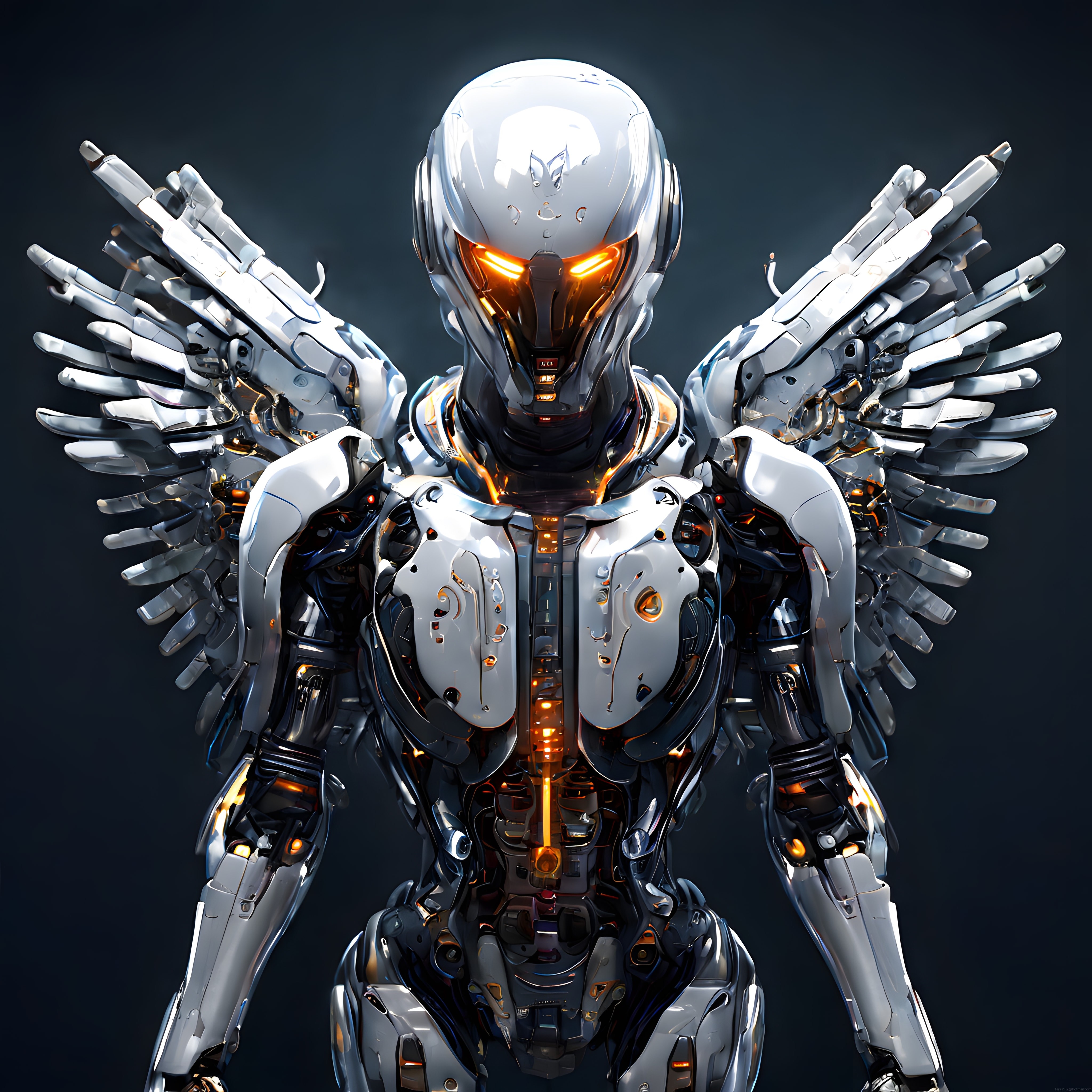 Parlak Kanatlı Beyaz Cyborg Melek ve Turuncu Işıklı Gelecekçi Zırh Tasarımı