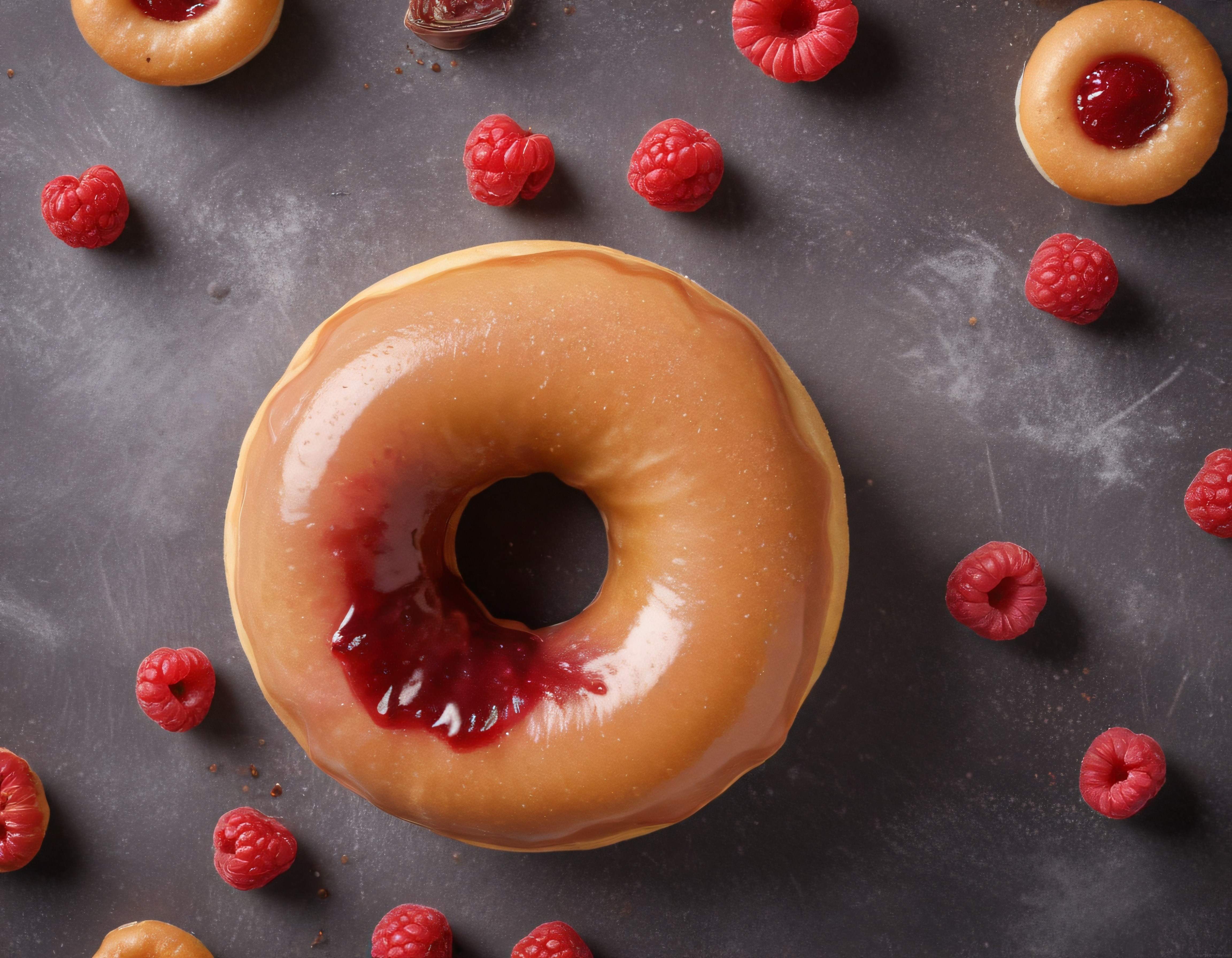 Parlak Karamel Glazürlü Ahududu Dolgulu Donut ve Taze Ahududular