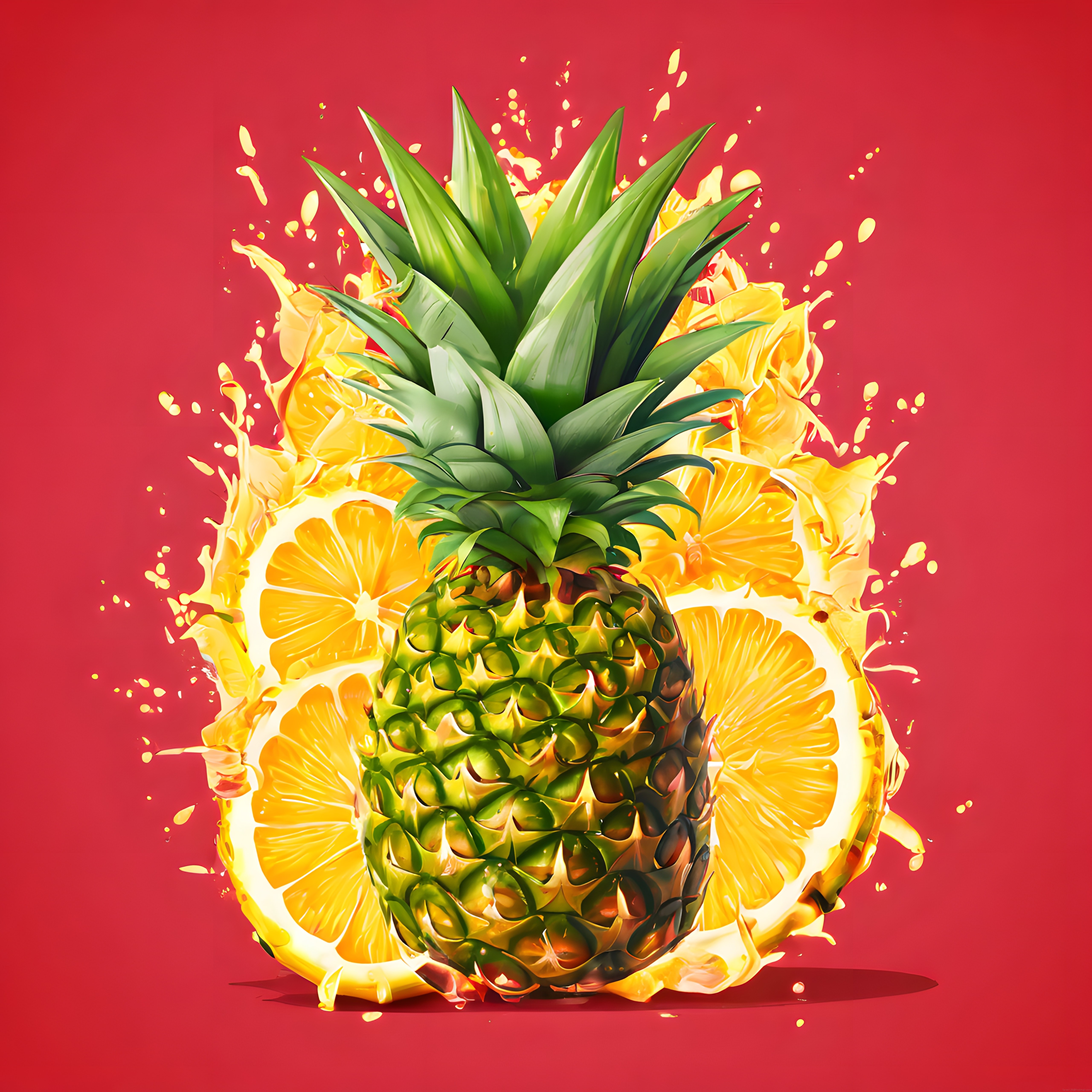 Parlak Kırmızı Arka Planda Tropikal Ananas ve Taze Meyve Suyu Patlaması