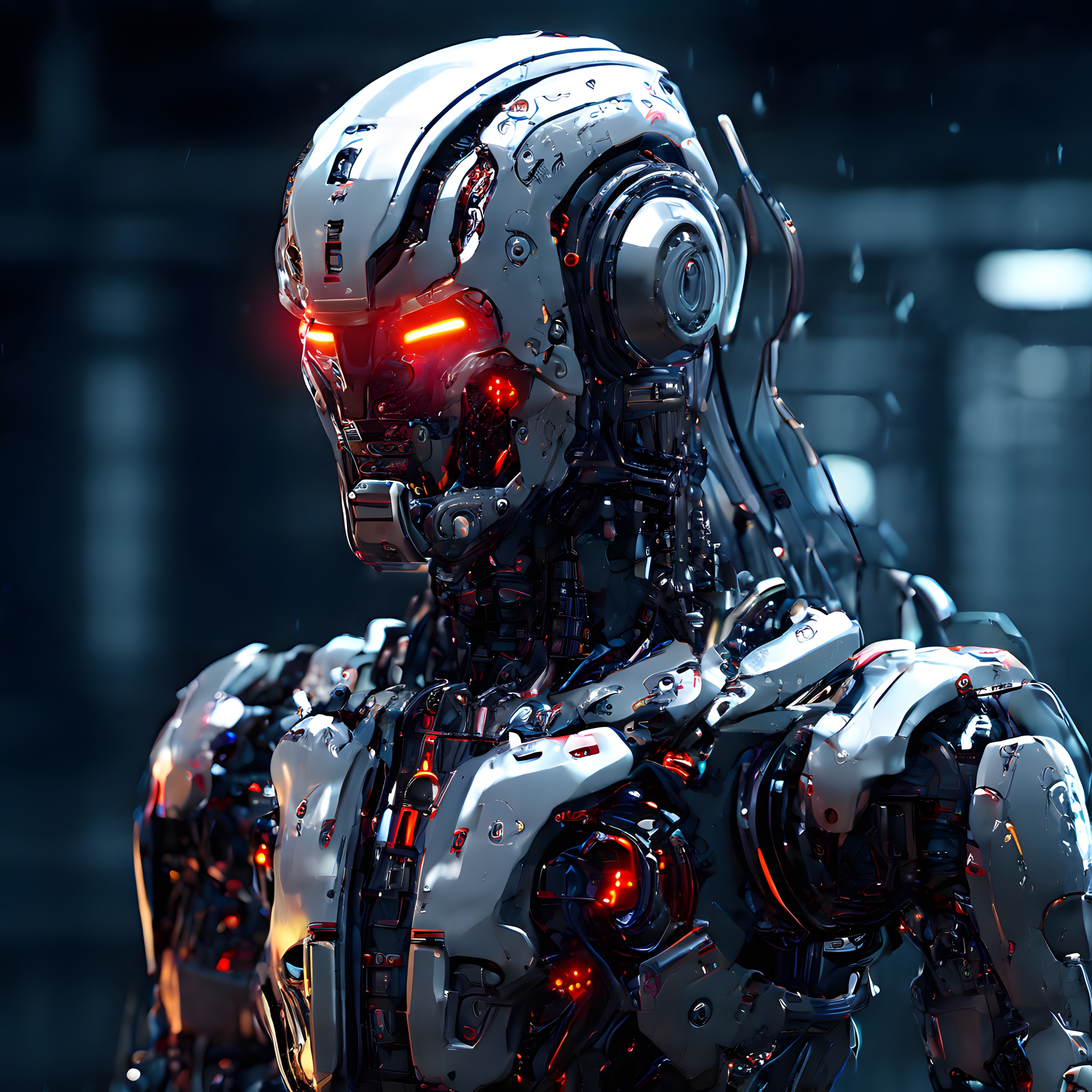 Parlak Kırmızı Gözleriyle Geleceğin İnsansı Robotunun Yakın Çekim Portresi