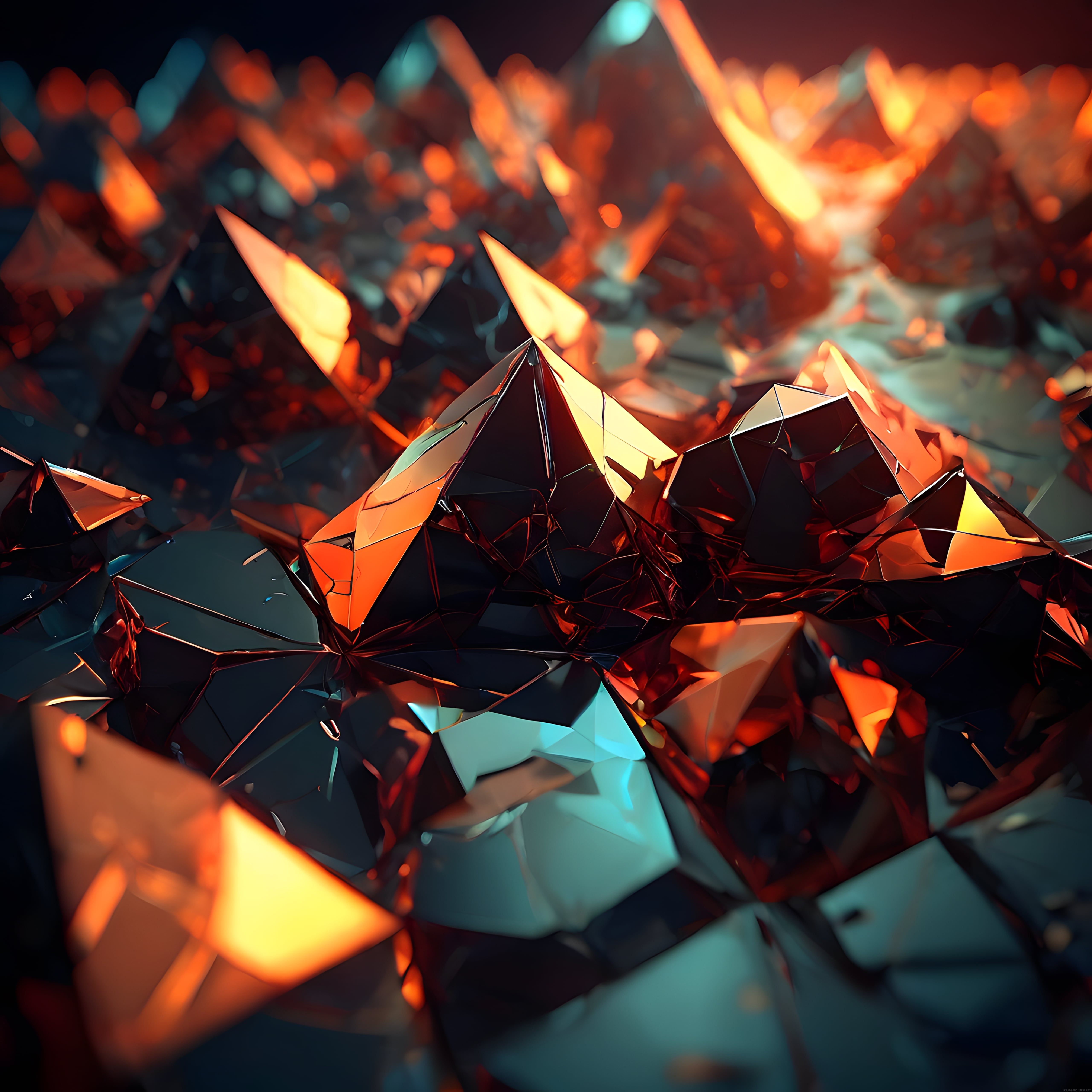 Parlak Kristal Geometriler ve Alev Tonlarında Soyut Dijital Sanat Eseri