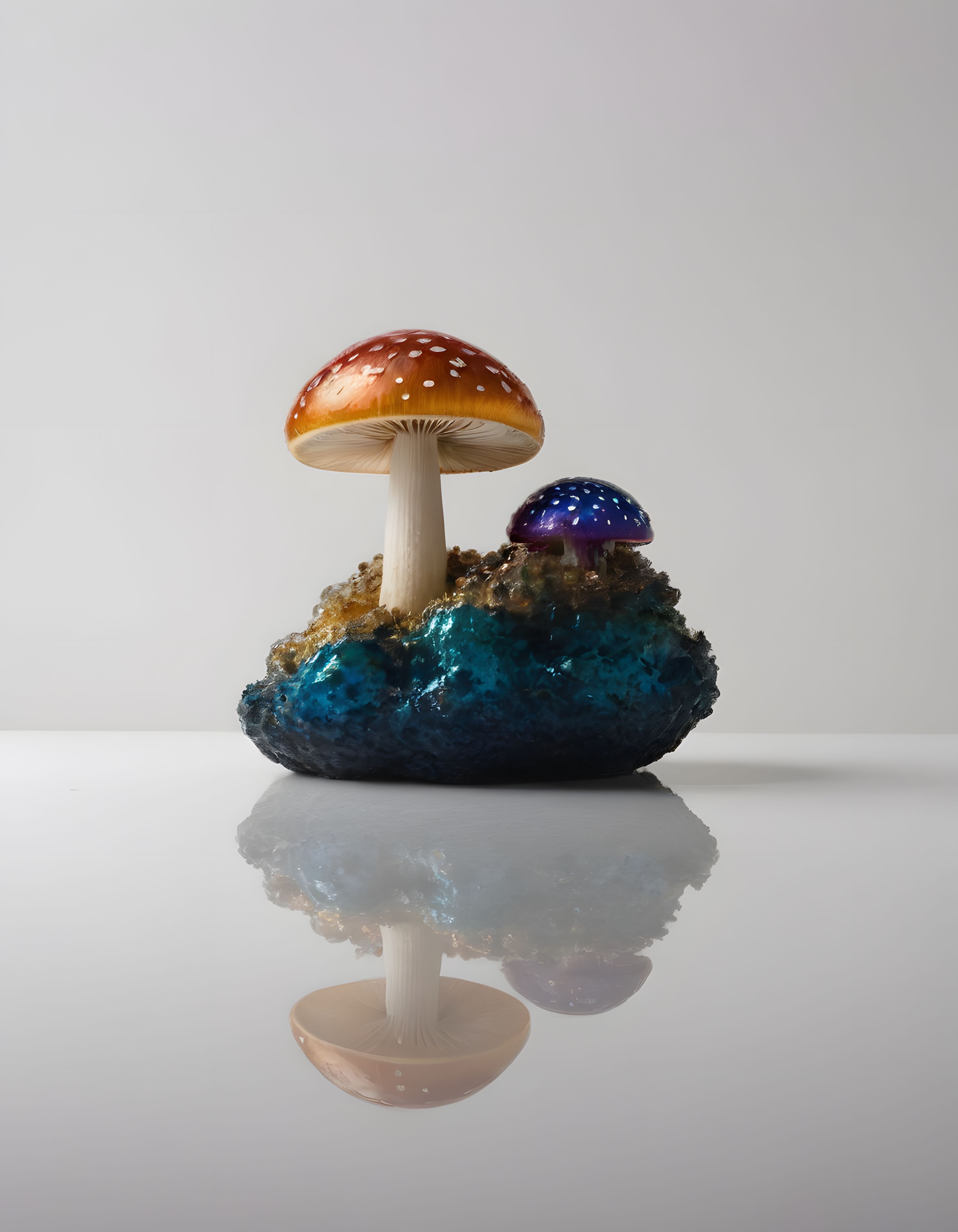 Parlak kristal kaya üzerinde renkli fantastik mantarların sürreal 3D sanatı