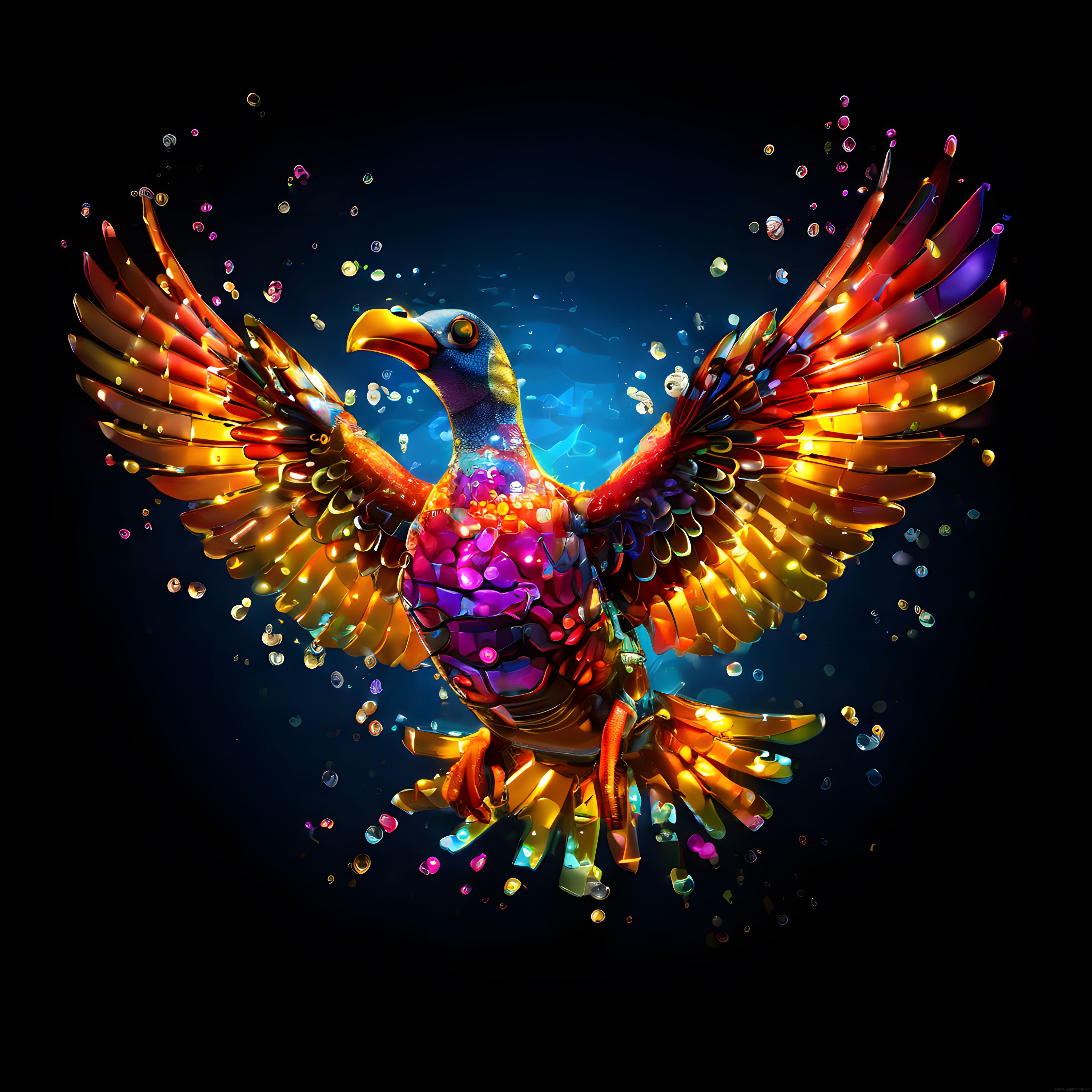 Parlak Kristal Kuş: Neon Kanatları ve Renkli Tüyleriyle Fantastik 3D Sanat