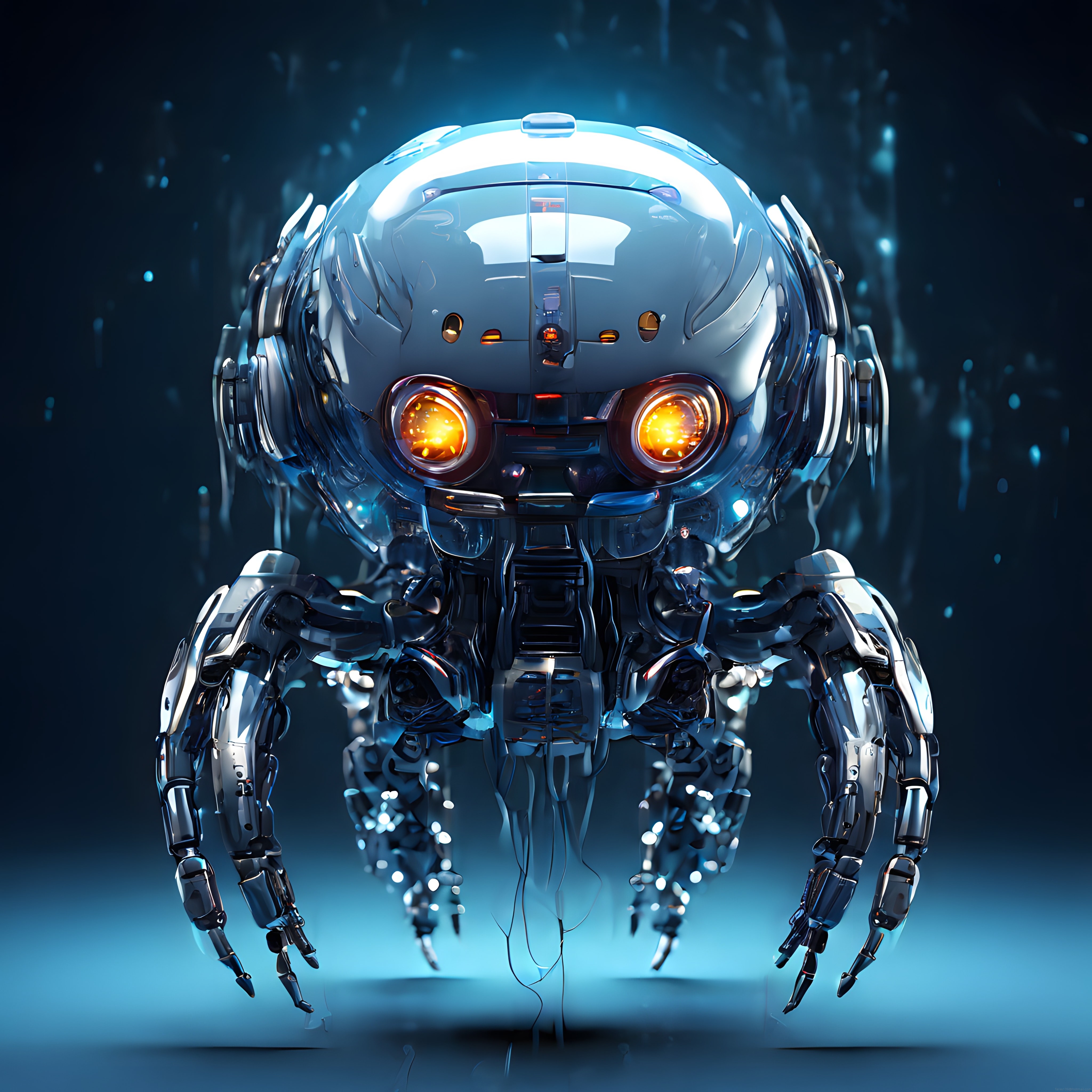 Parlak Krom Gövdeli ve Turuncu Işıklı Gözleriyle Geleceğin İnsansı Robotu