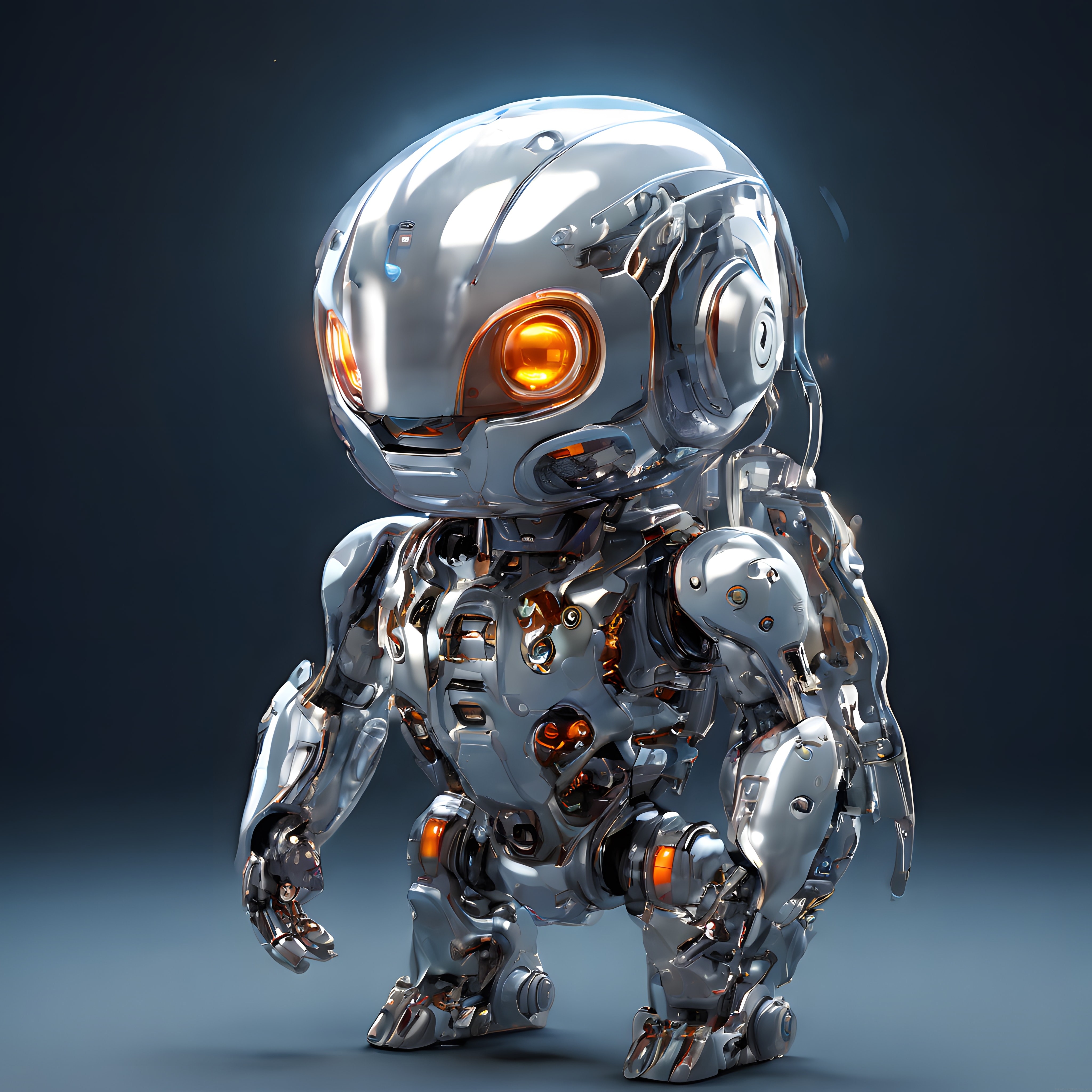 Parlak Krom Gövdeli ve Turuncu Işıklı Gözleriyle Sevimli Küçük İnsansı Robot