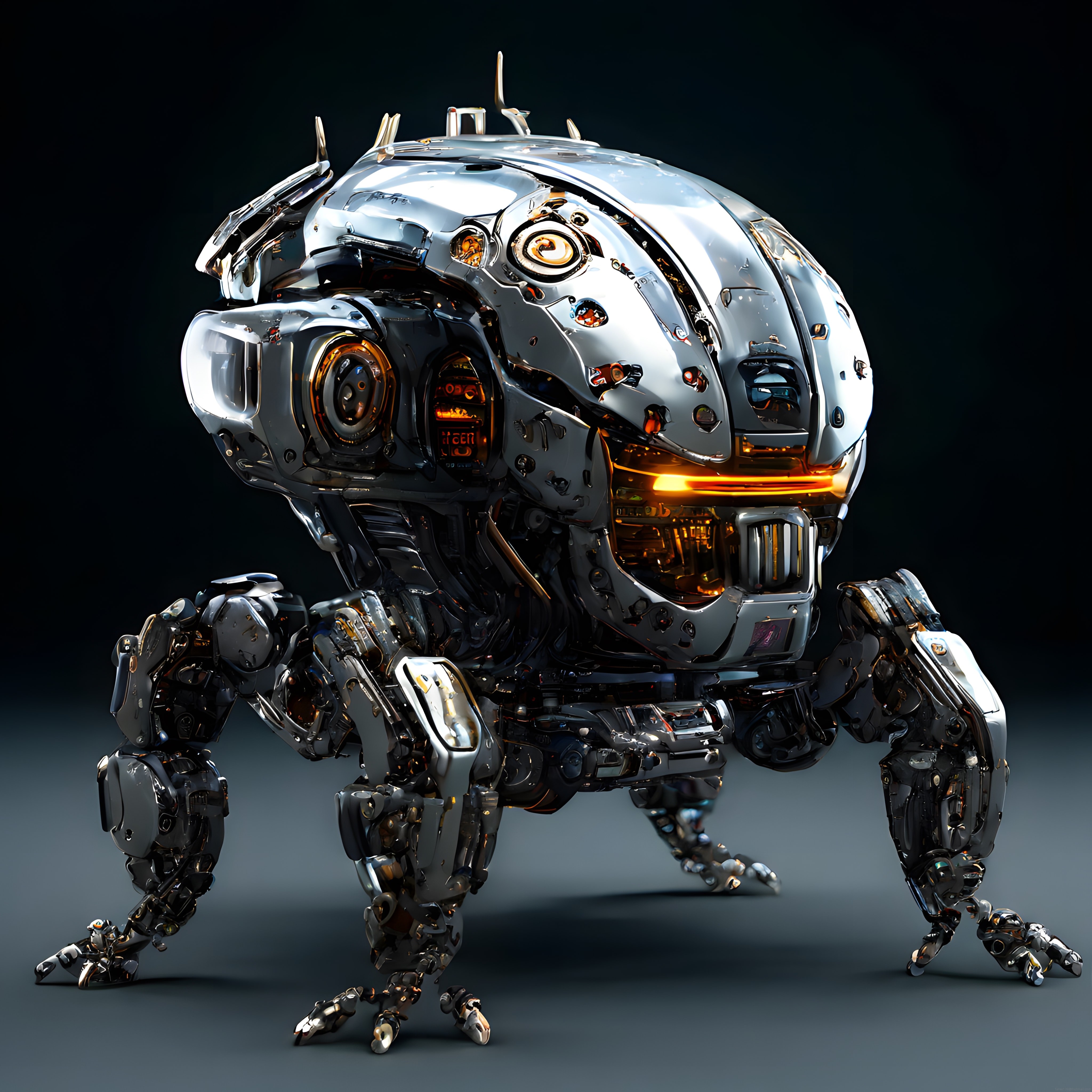 Parlak Krom Kaplamalı Örümcek Formlu Geleceğin Robotik Keşif Aracı Konsepti