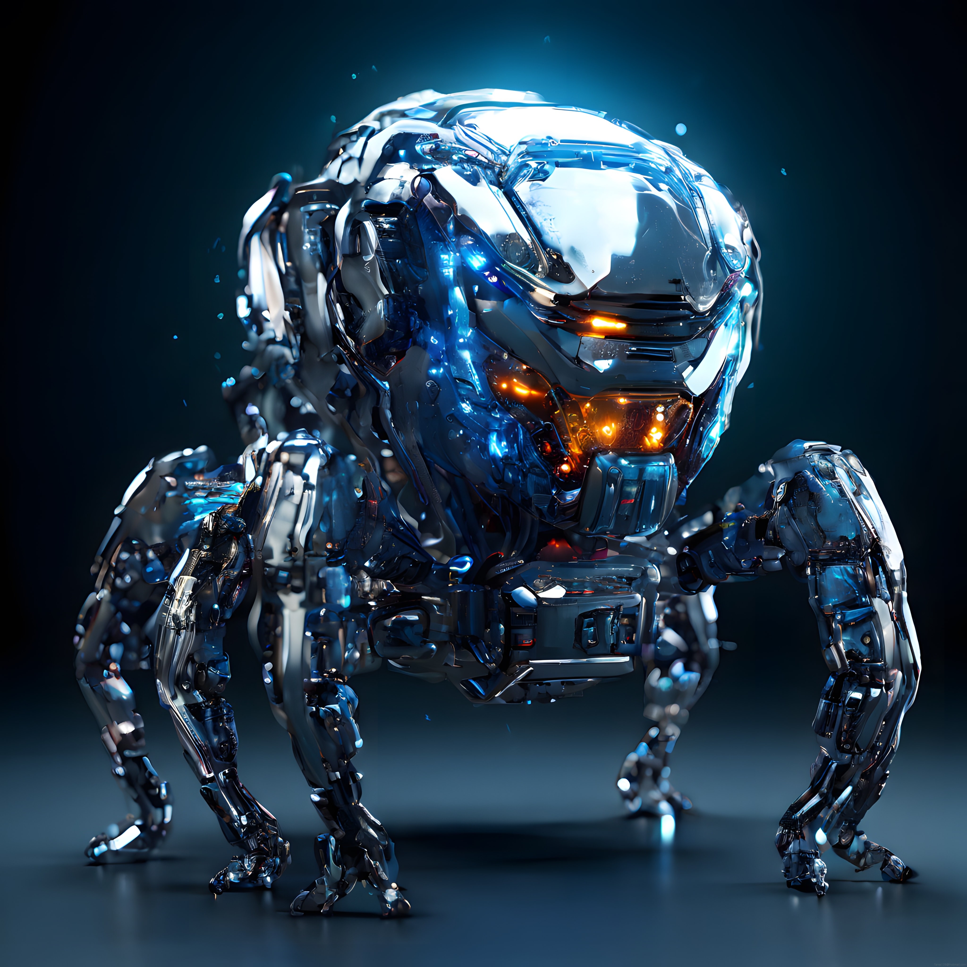 parlak krom kaplamalı turuncu led ışıklı çok ayaklı robotik canavar
