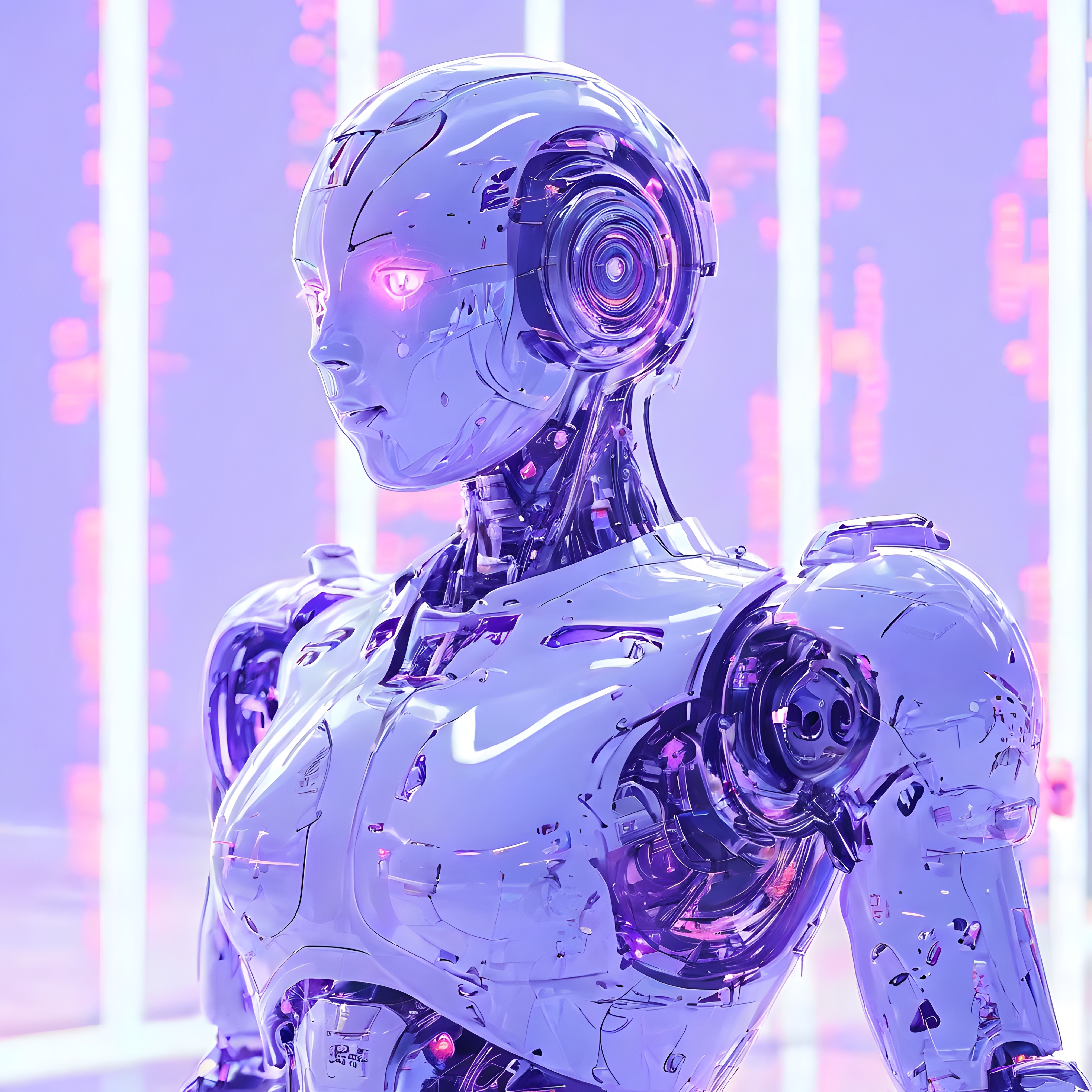 Parlak krom yüzeyli insansı robot ve mor pembe neon ışıklı cyberpunk tasarım