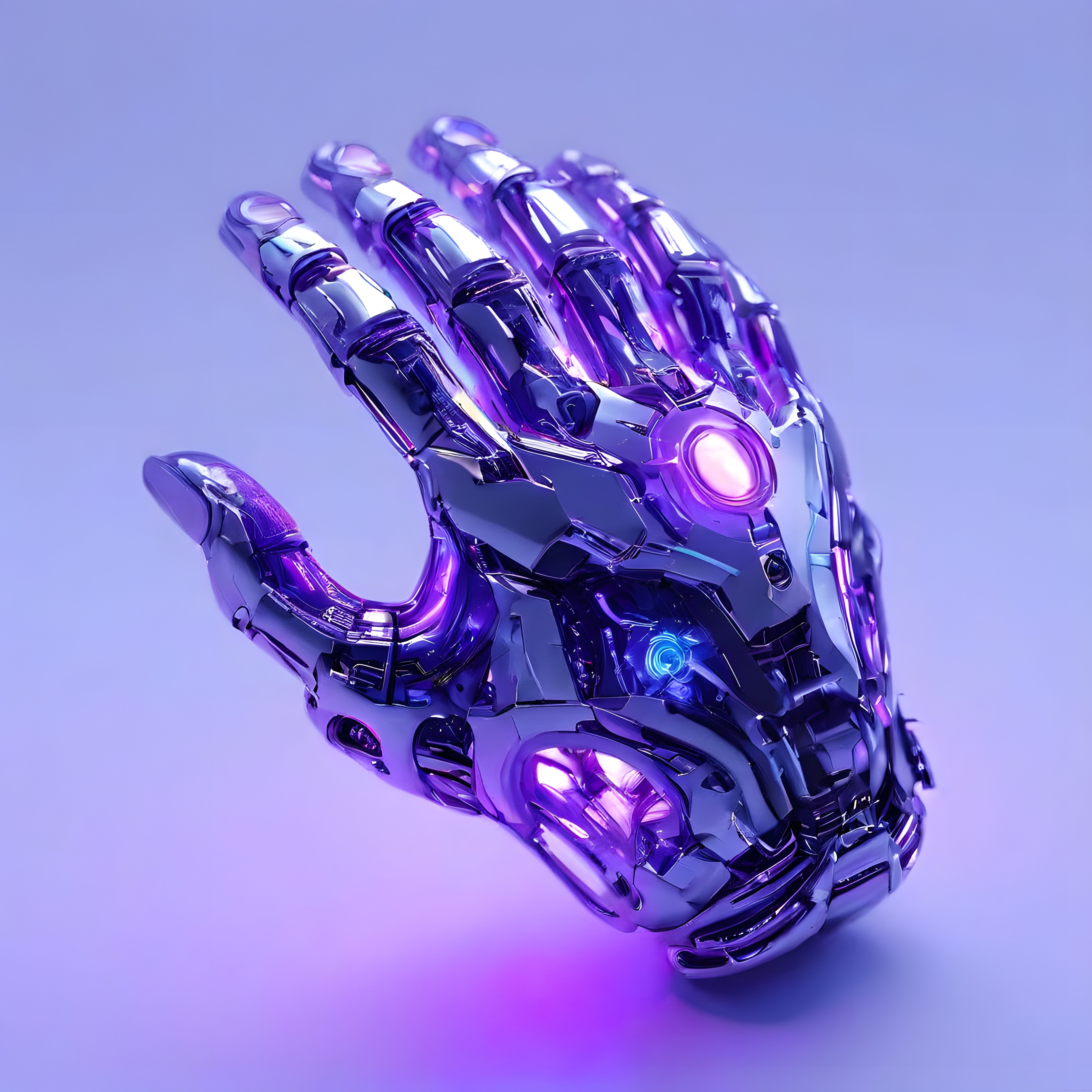 Parlak Krom Yüzeyli Mor Neon Robot El ve Geleceğin Biyonik Teknolojisi