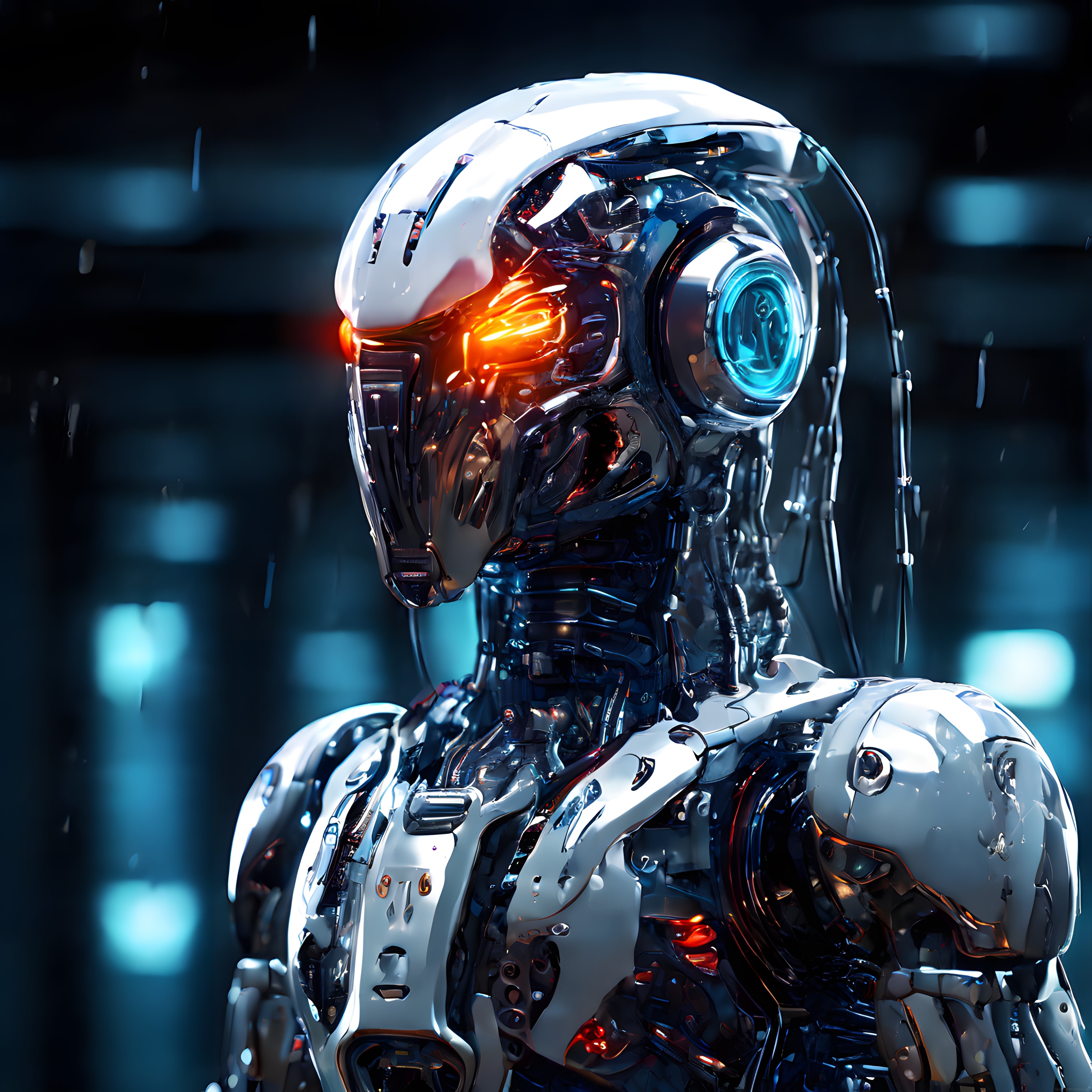 Parlak Krom Zırhlı Turuncu ve Mavi Işıklı Geleceğin İnsansı Robotu