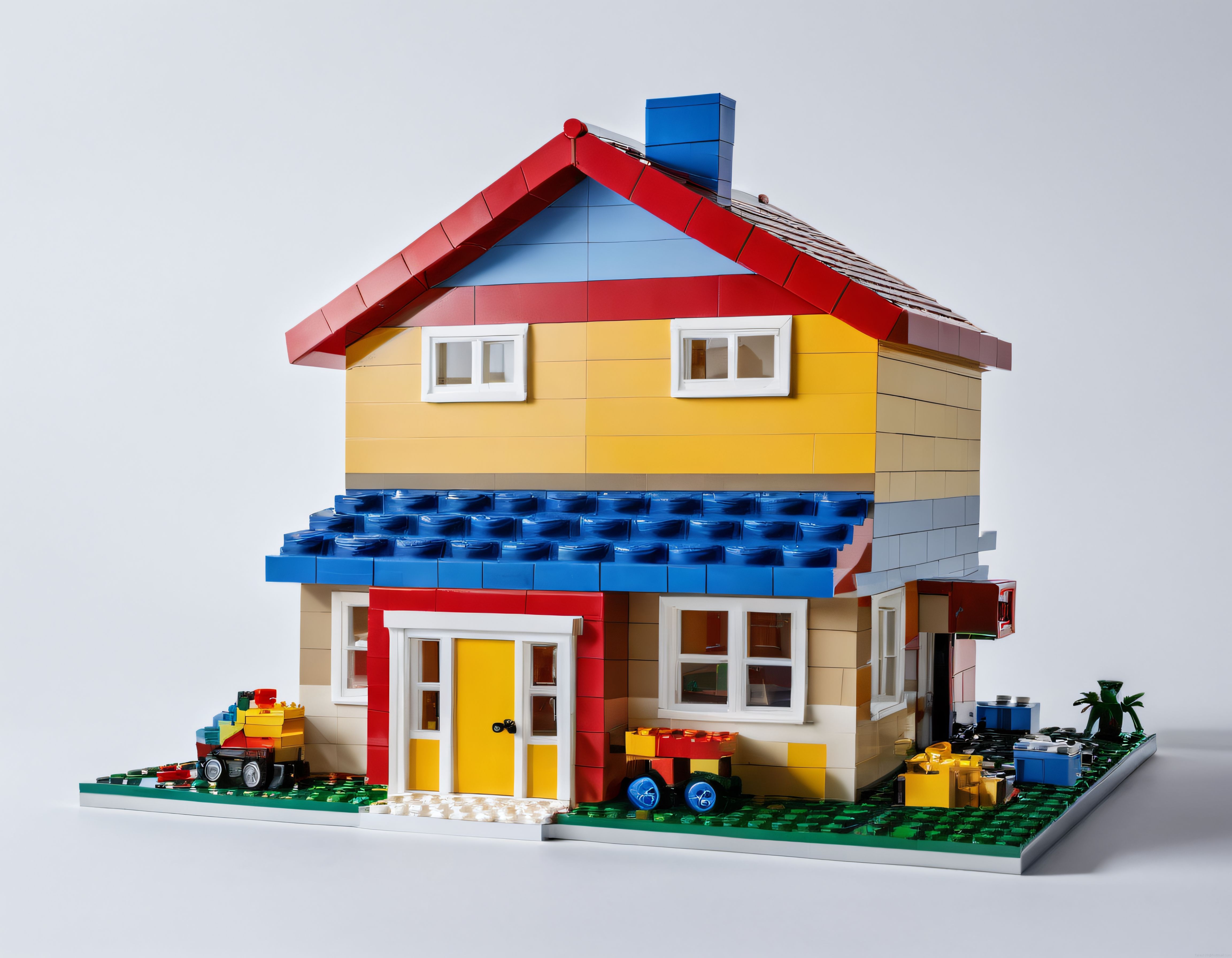 Parlak LEGO Bloklarından Yapılmış İki Katlı Renkli Ev Modeli ve Bahçe Detayları