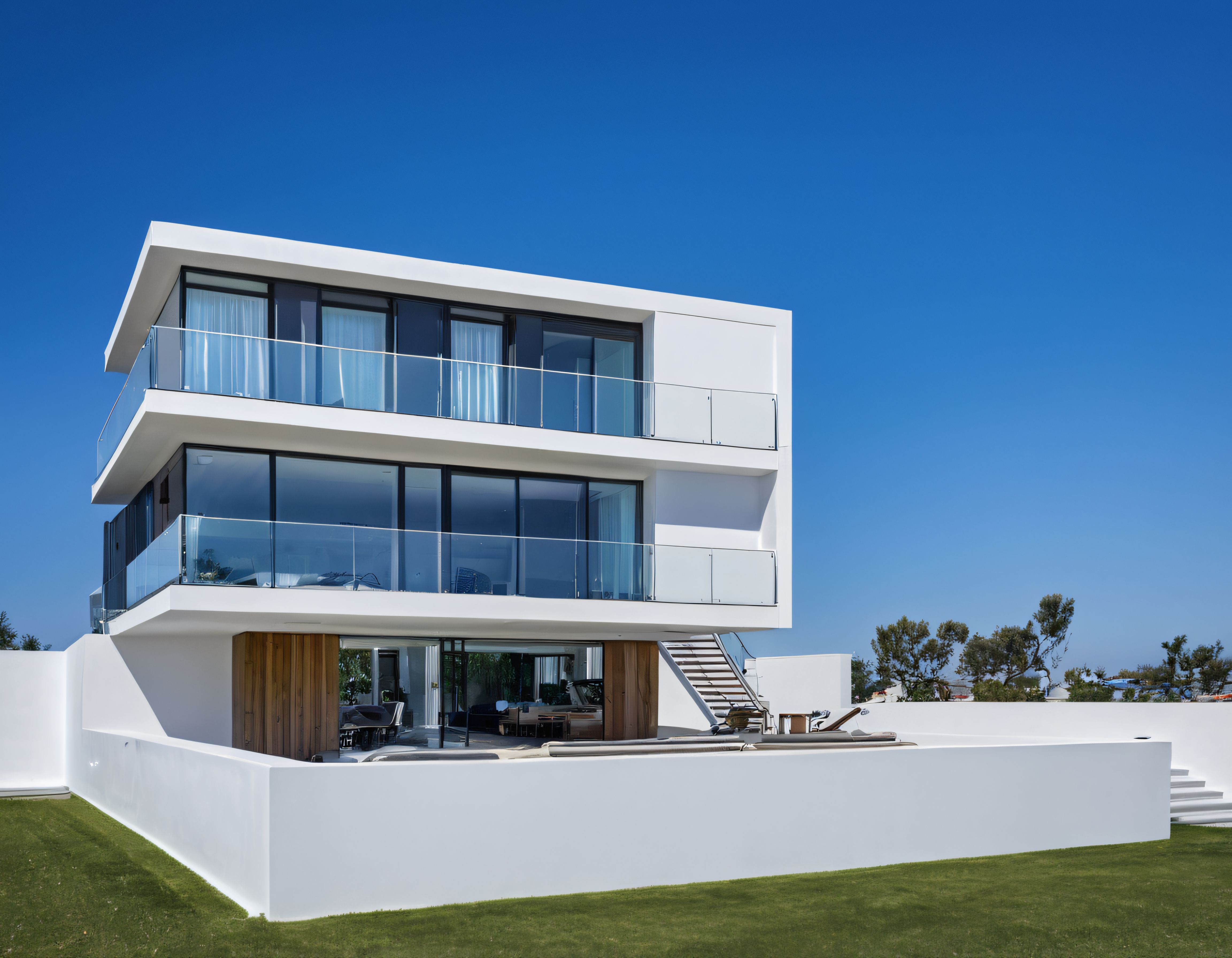 Parlak Mavi Gökyüzü Altında Modern Beyaz Villa ve Lüks Konut Mimarisi
