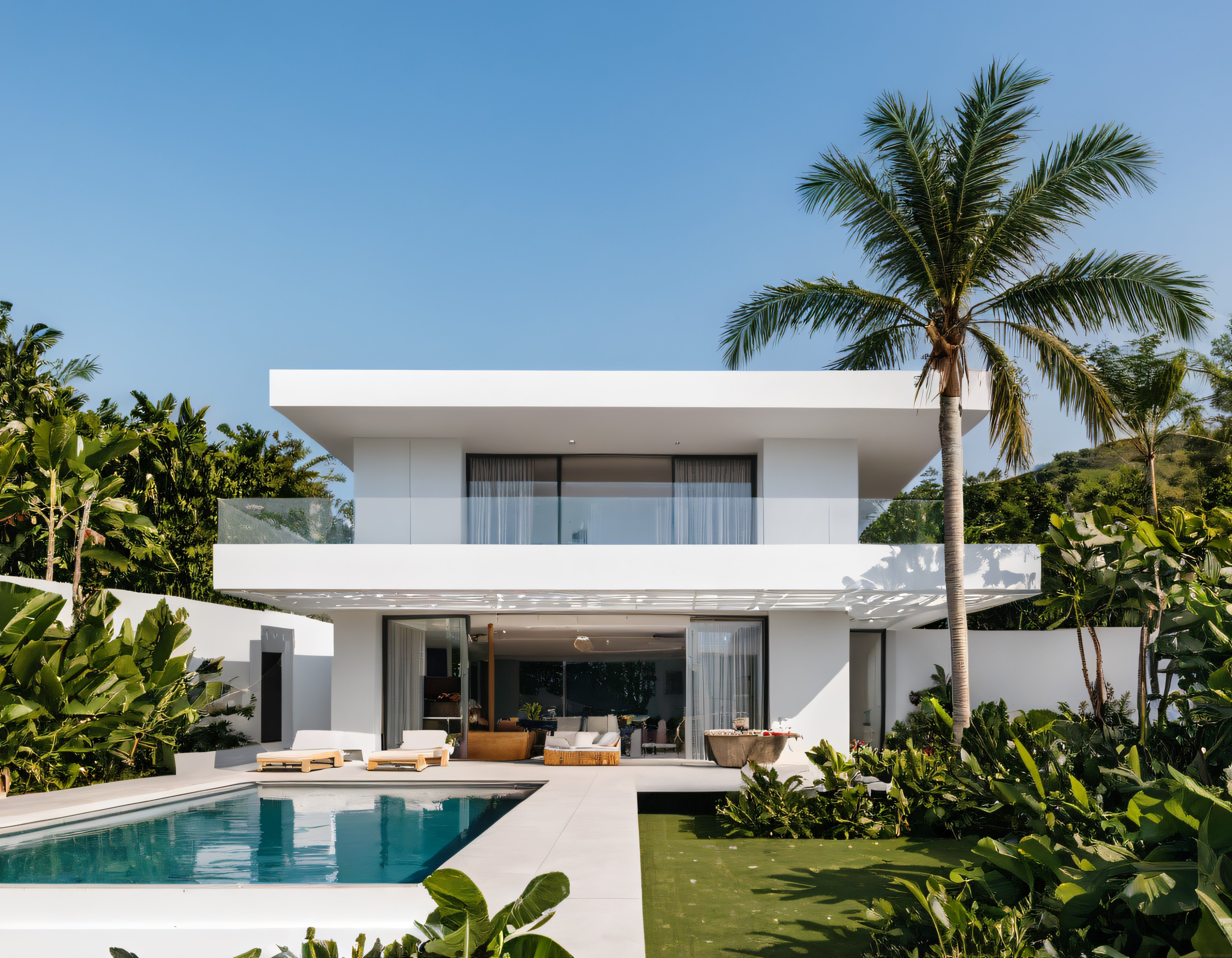 Parlak Mavi Gökyüzü Altında Tropikal Bahçeli Modern Beyaz Villa