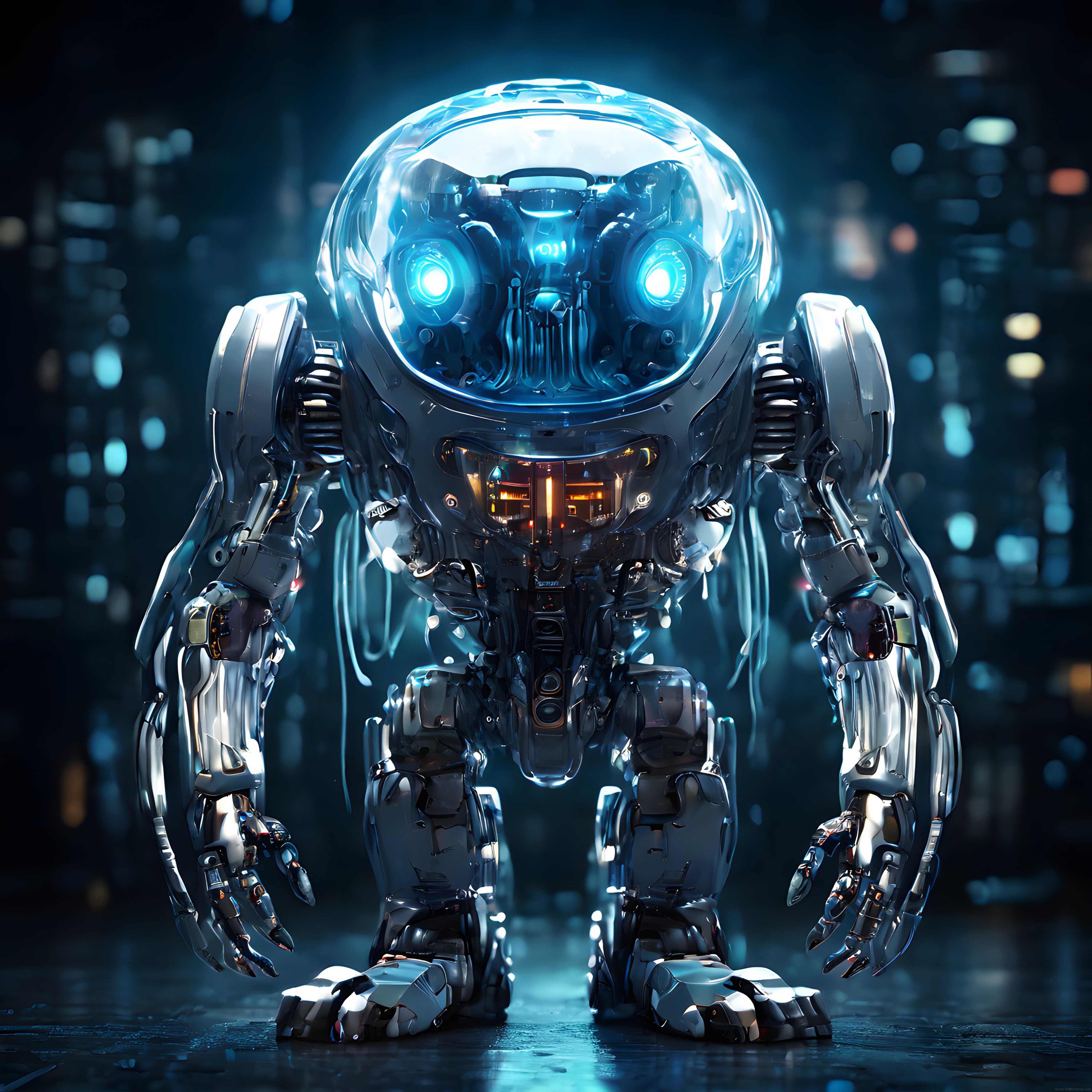 Parlak Mavi Gözleriyle Geleceğin Şeffaf Kubbeli Metal Robotu