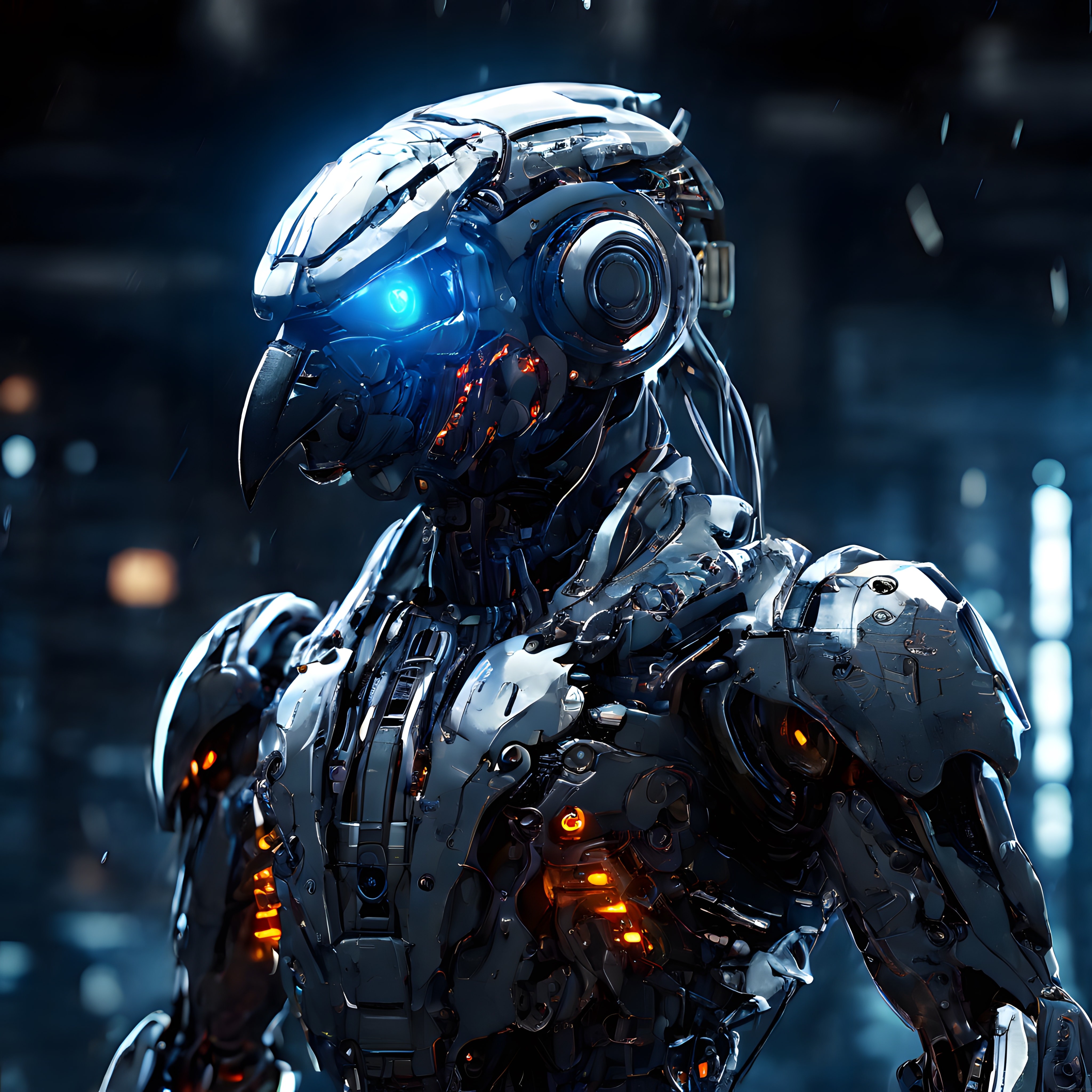 Parlak Mavi Gözleriyle Paslanmaz Çelikten Biyomekanik Robot Papağan