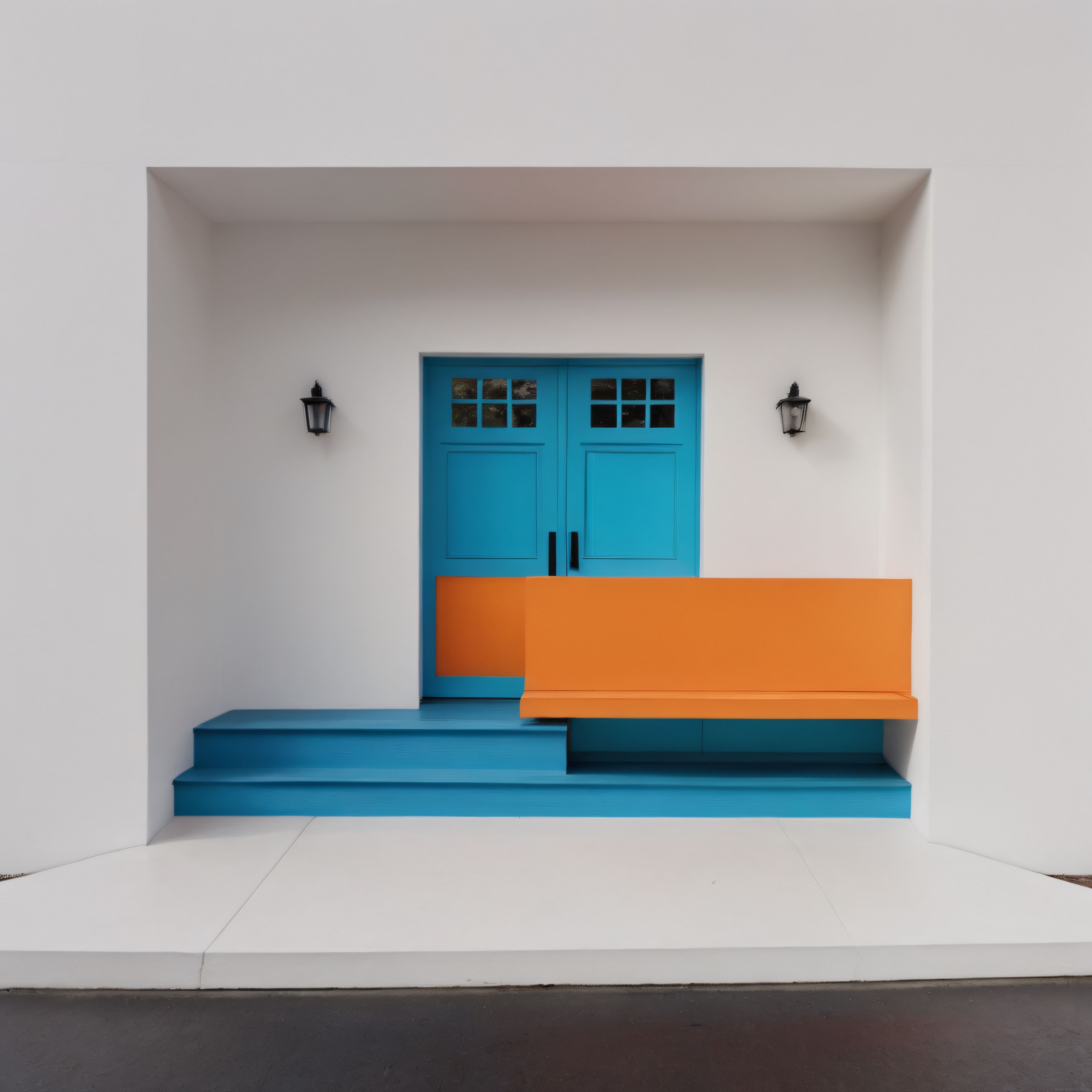 Parlak Mavi Kapı ve Turuncu Bankın Minimalist Mimari Uyumu