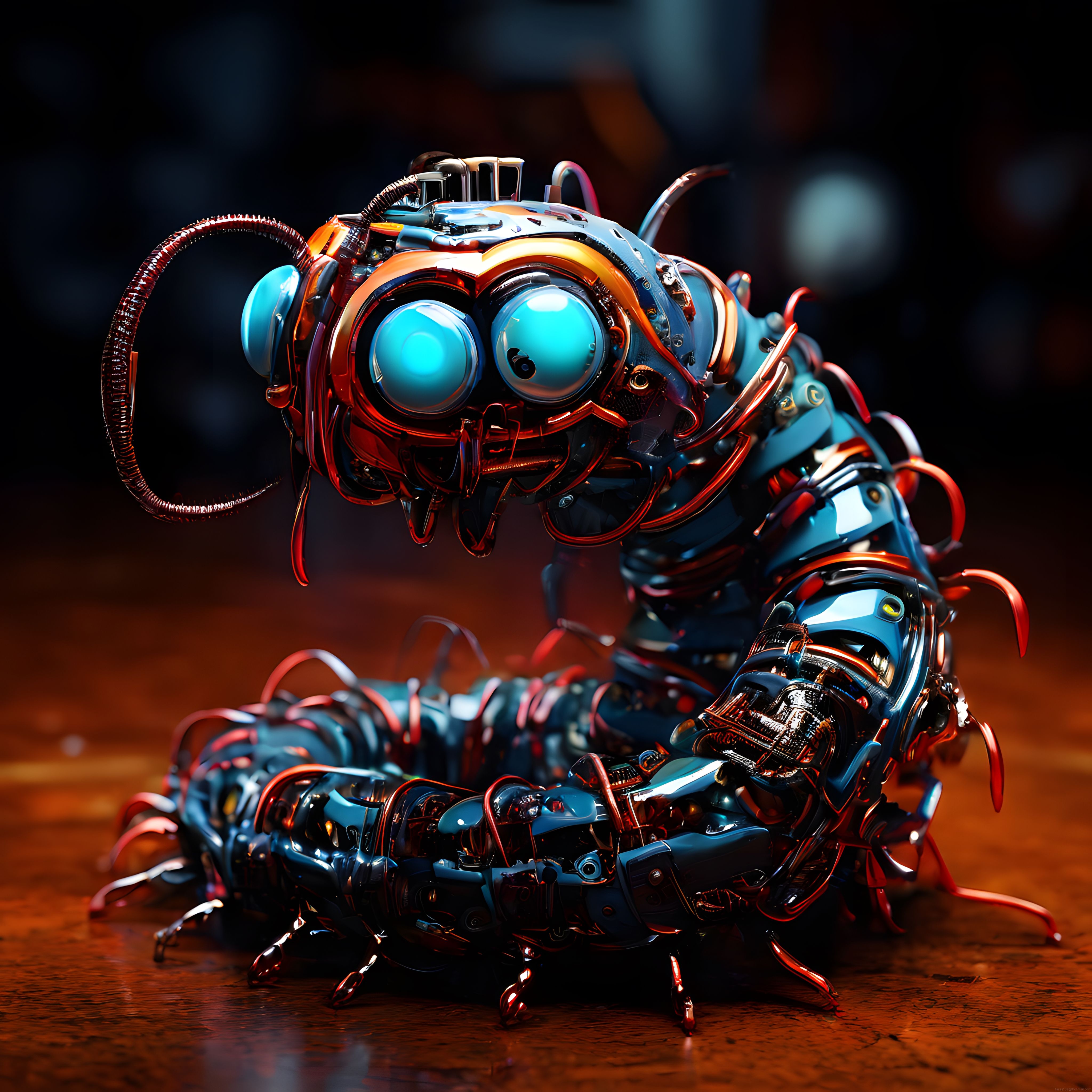 Parlak Mavi Lensleriyle Geleceğin Cyberpunk Mekanik Solucan Robotu