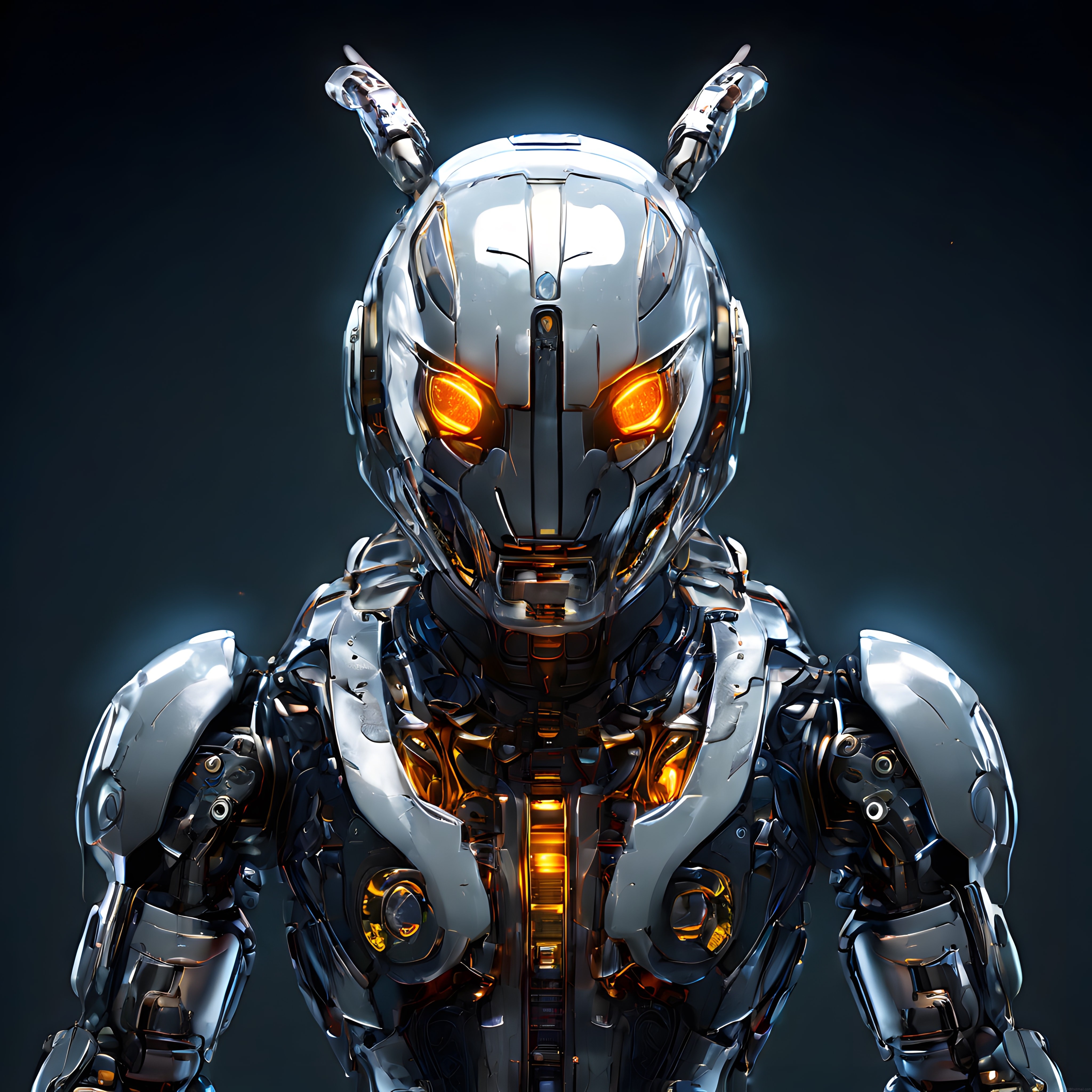 Parlak metal iskeleti ve turuncu gözleriyle etkileyici robot portresi