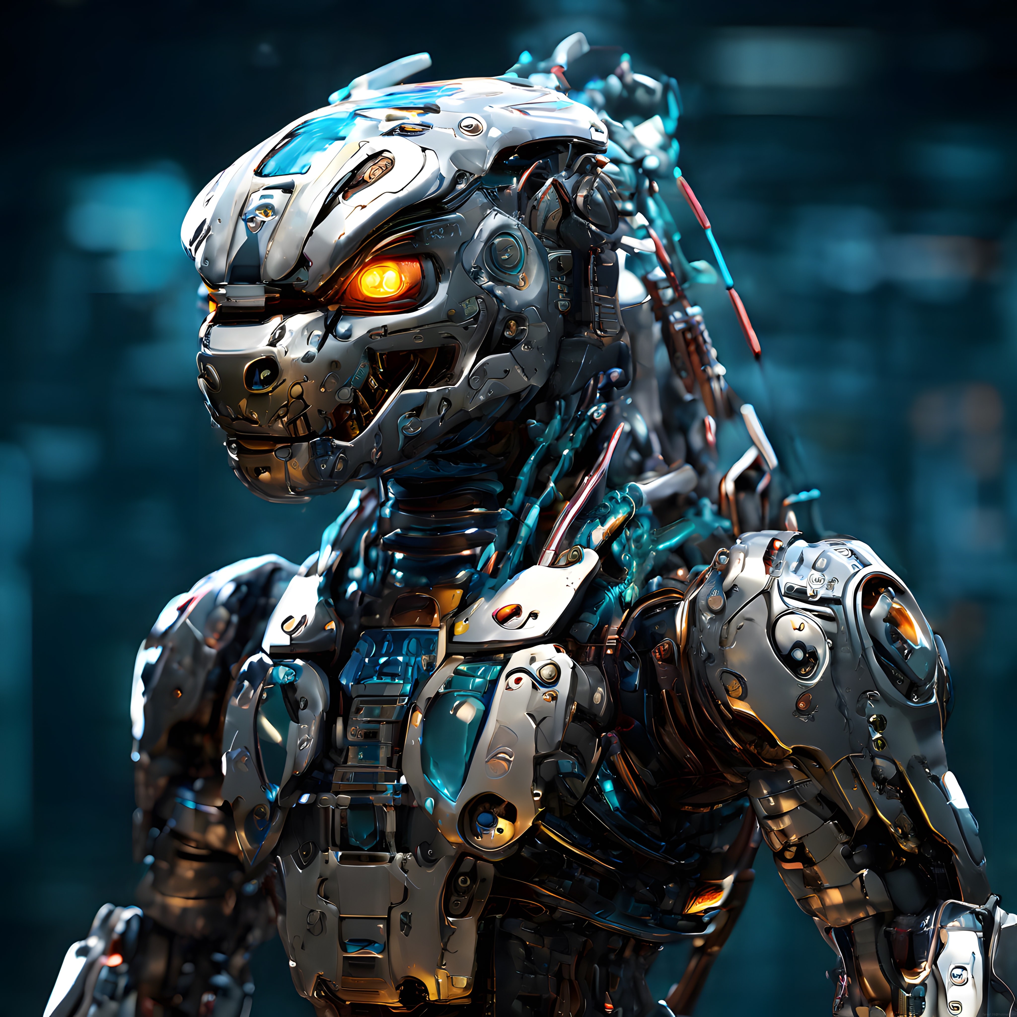 Parlak metal kaplumbağa robotun detaylı mekanik siberpunk tasarım portresi