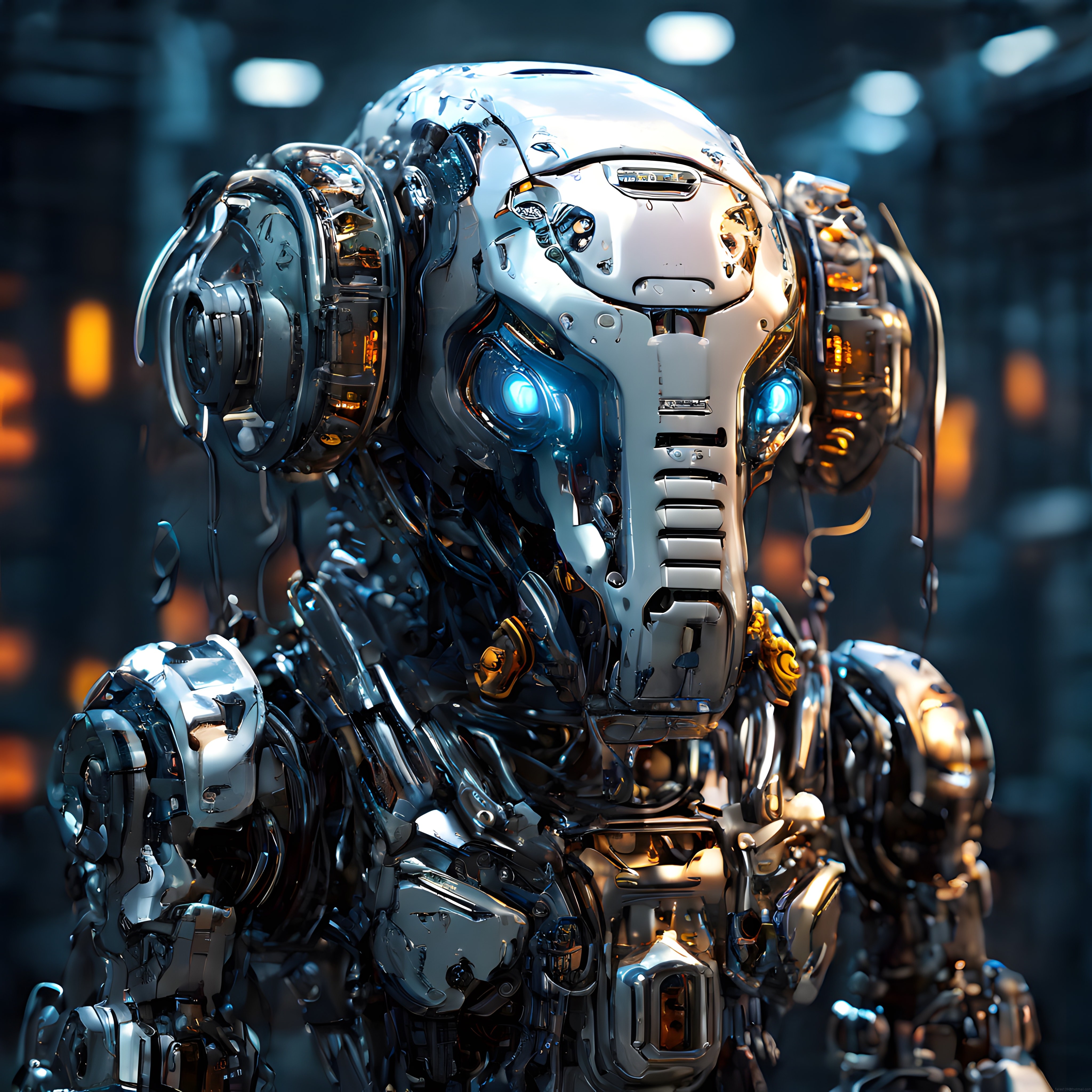 Parlak Metal ve Mavi Işıklarla Süslenmiş Geleceğin Mekanik Fil Robotu