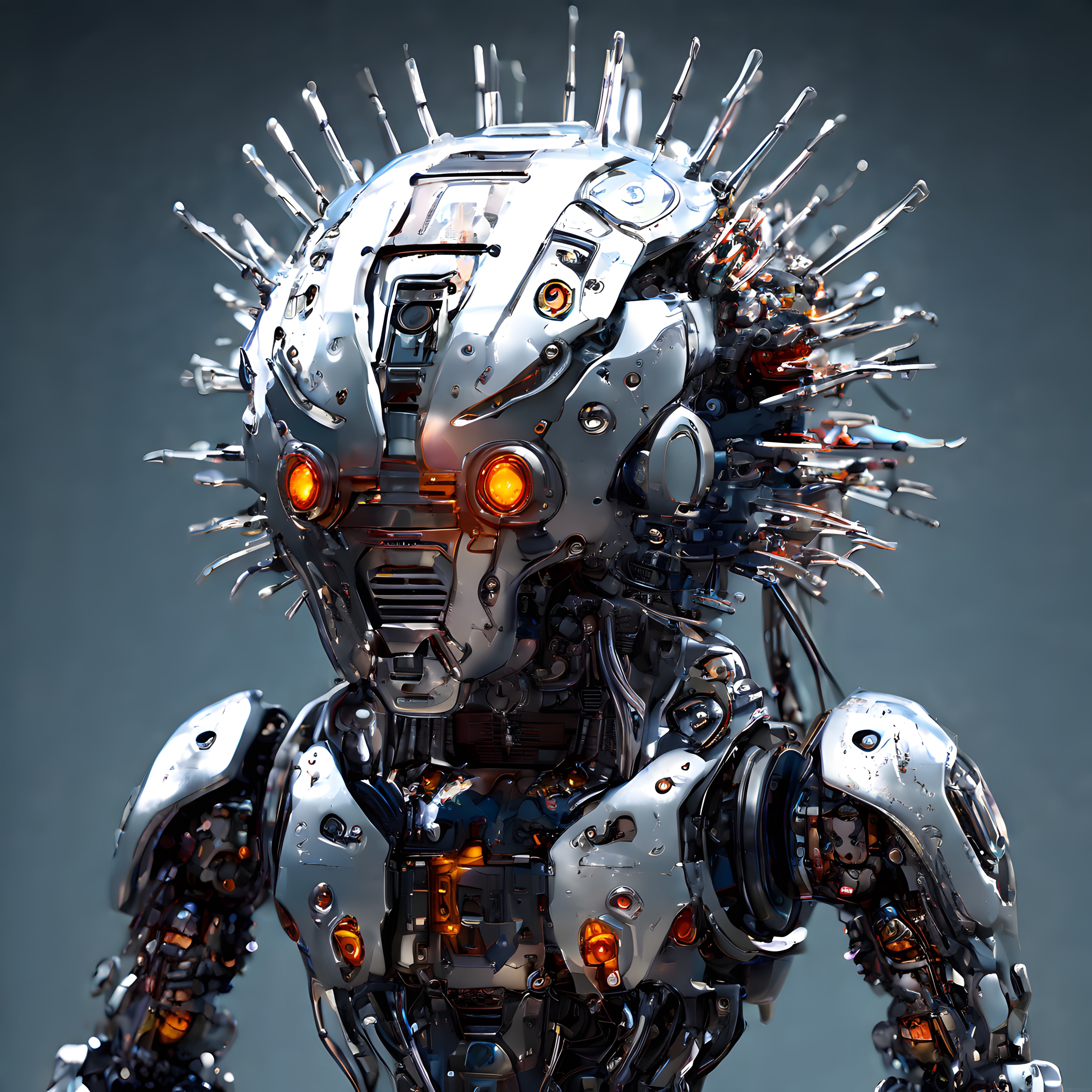 Parlak Metal Yüzeyli Geleceğin İnsansı Robot Portresi ve Mekanik Detaylar