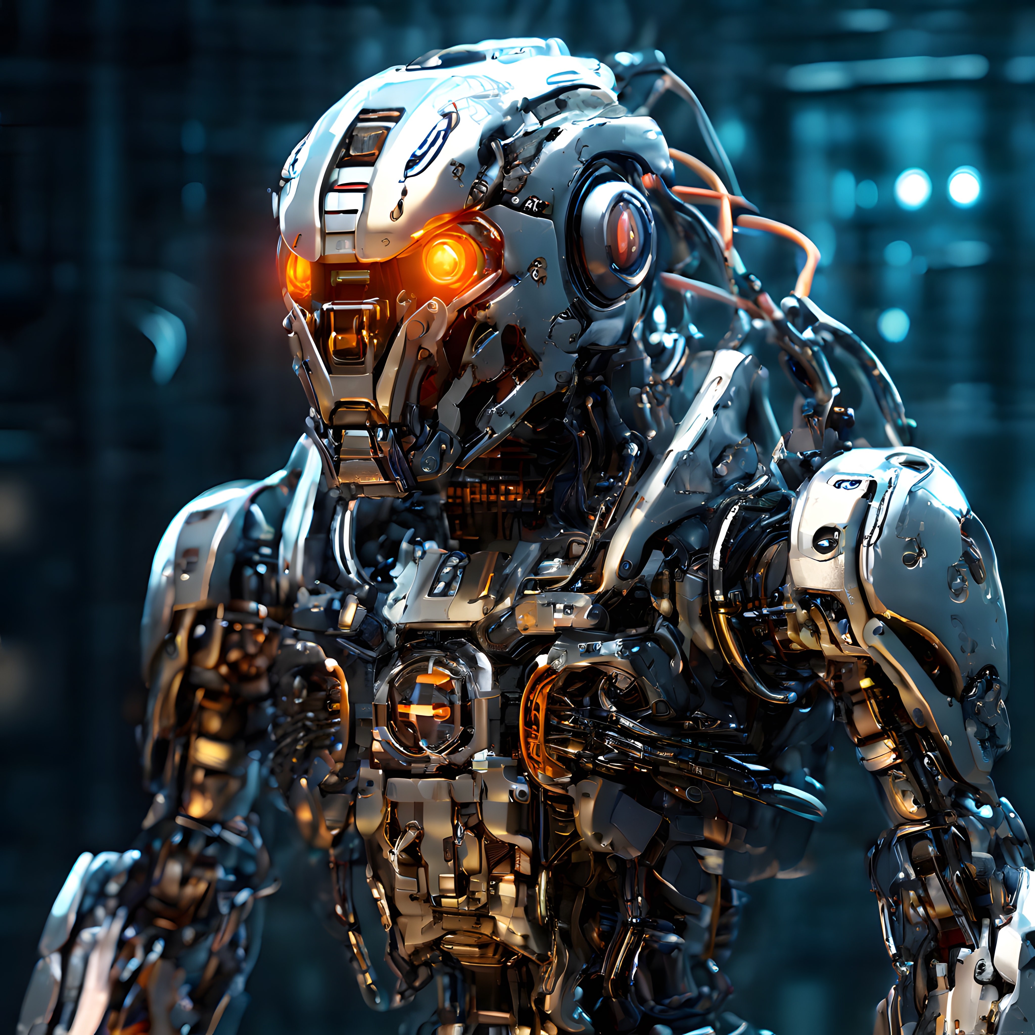 Parlak Metal Yüzeyli ve Turuncu Gözlü Geleceğin İnsansı Robot Portresi